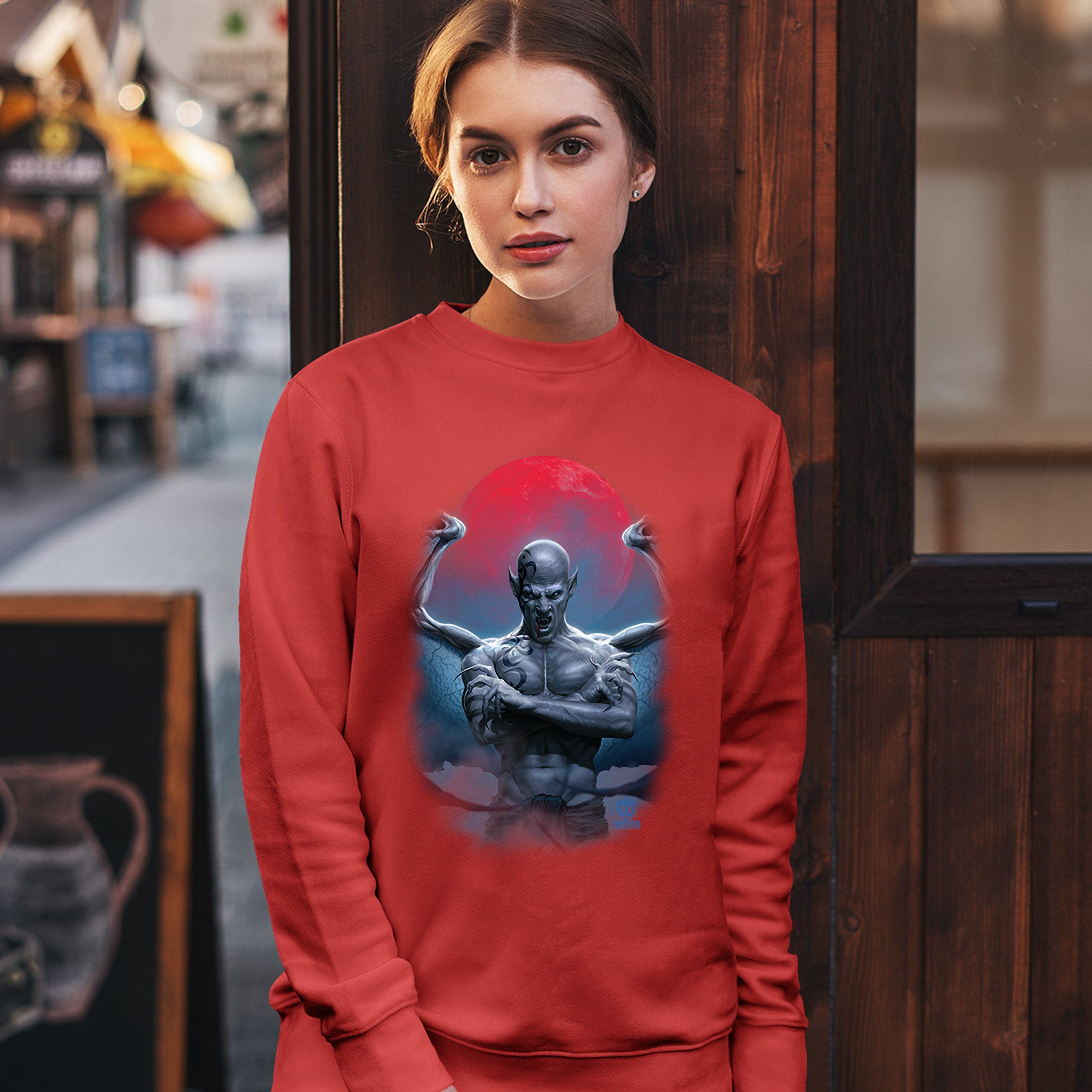 Demon Gargoyle Sweatshirt Blood Moon Scary Halloween Monster Crewneck - Picture 16 of 36