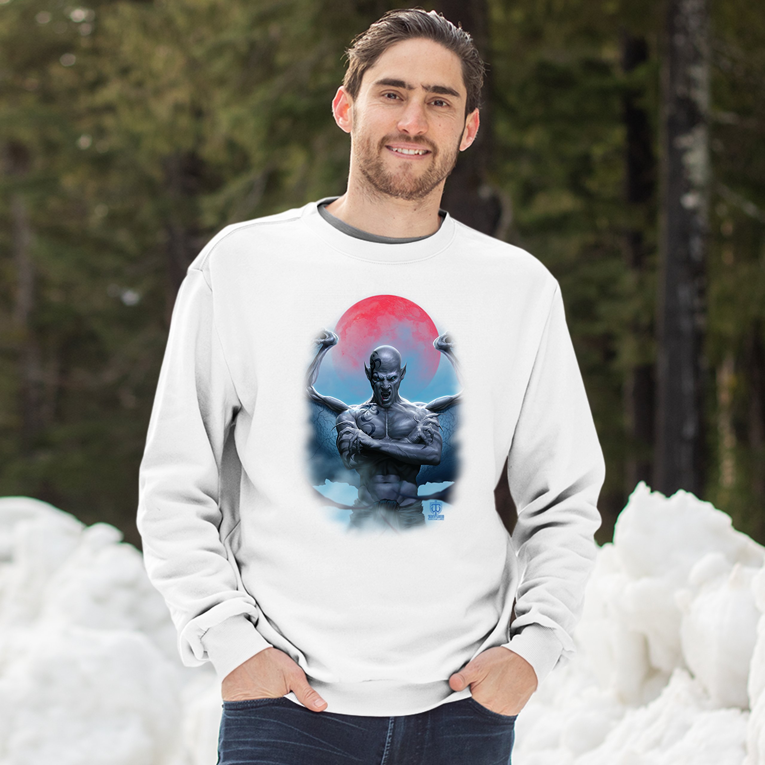 Demon Gargoyle Sweatshirt Blood Moon Scary Halloween Monster Crewneck - Picture 20 of 36