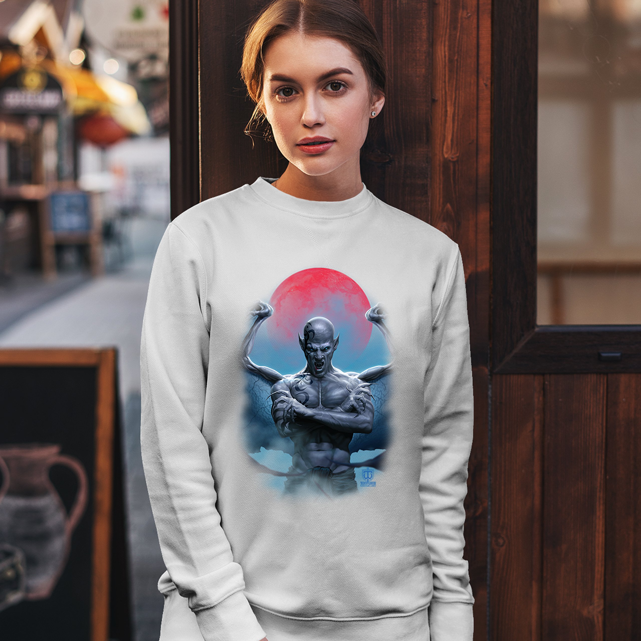 Demon Gargoyle Sweatshirt Blood Moon Scary Halloween Monster Crewneck - Picture 21 of 36