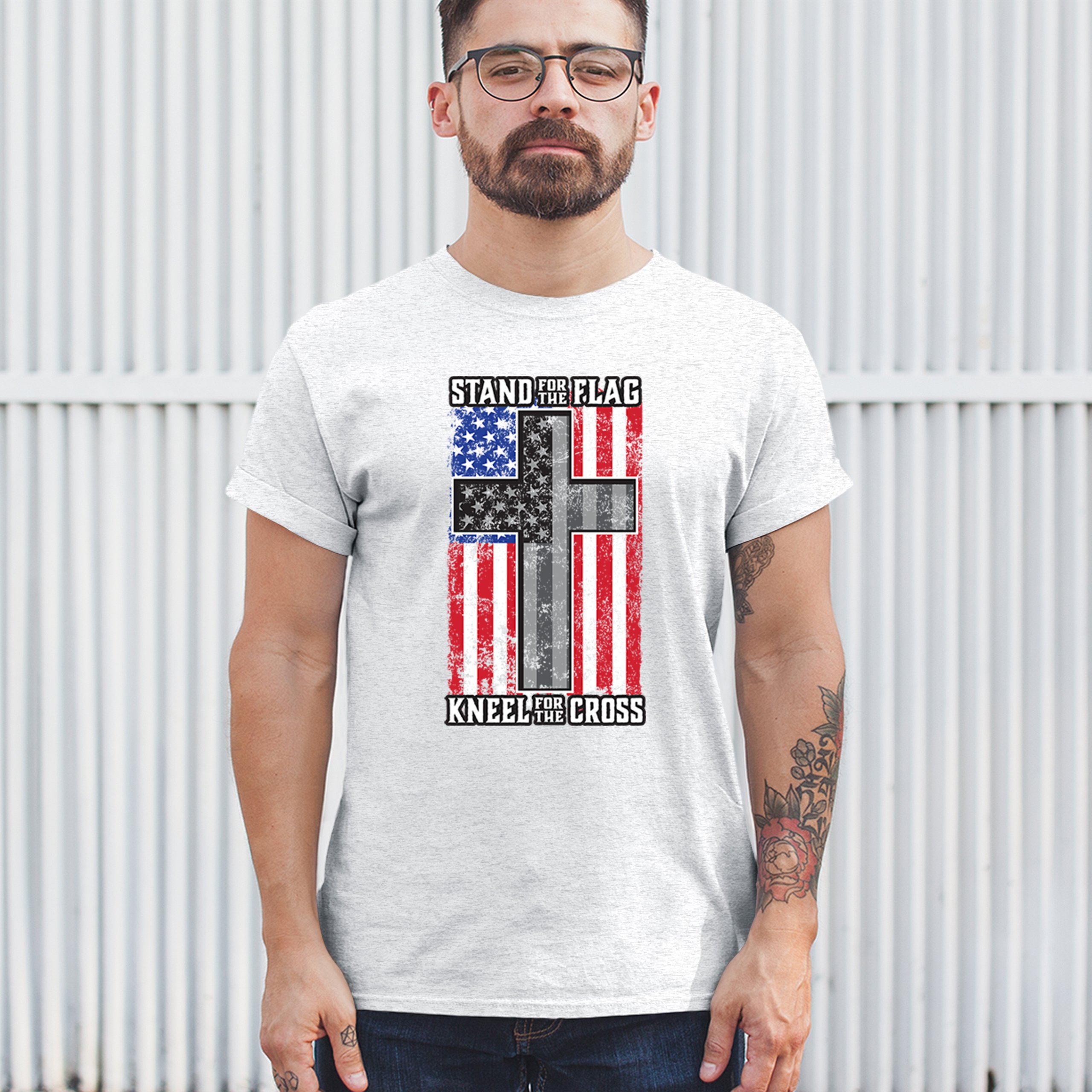 Stand for the Flag Kneel for the Cross T-shirt American Patriotic Men's Tee - Picture 68 of 113