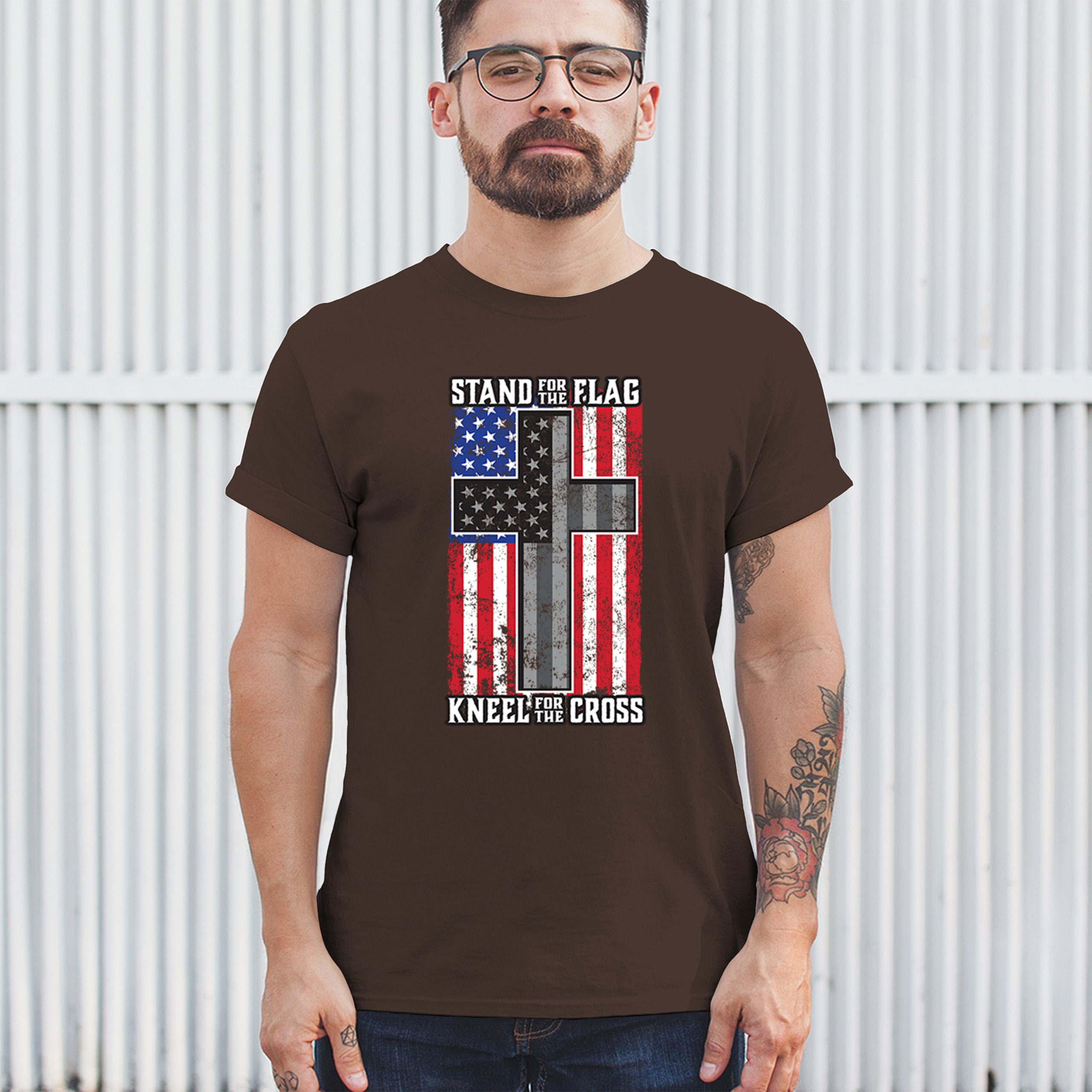 Stand for the Flag Kneel for the Cross T-shirt American Patriotic Men's Tee - Picture 75 of 113