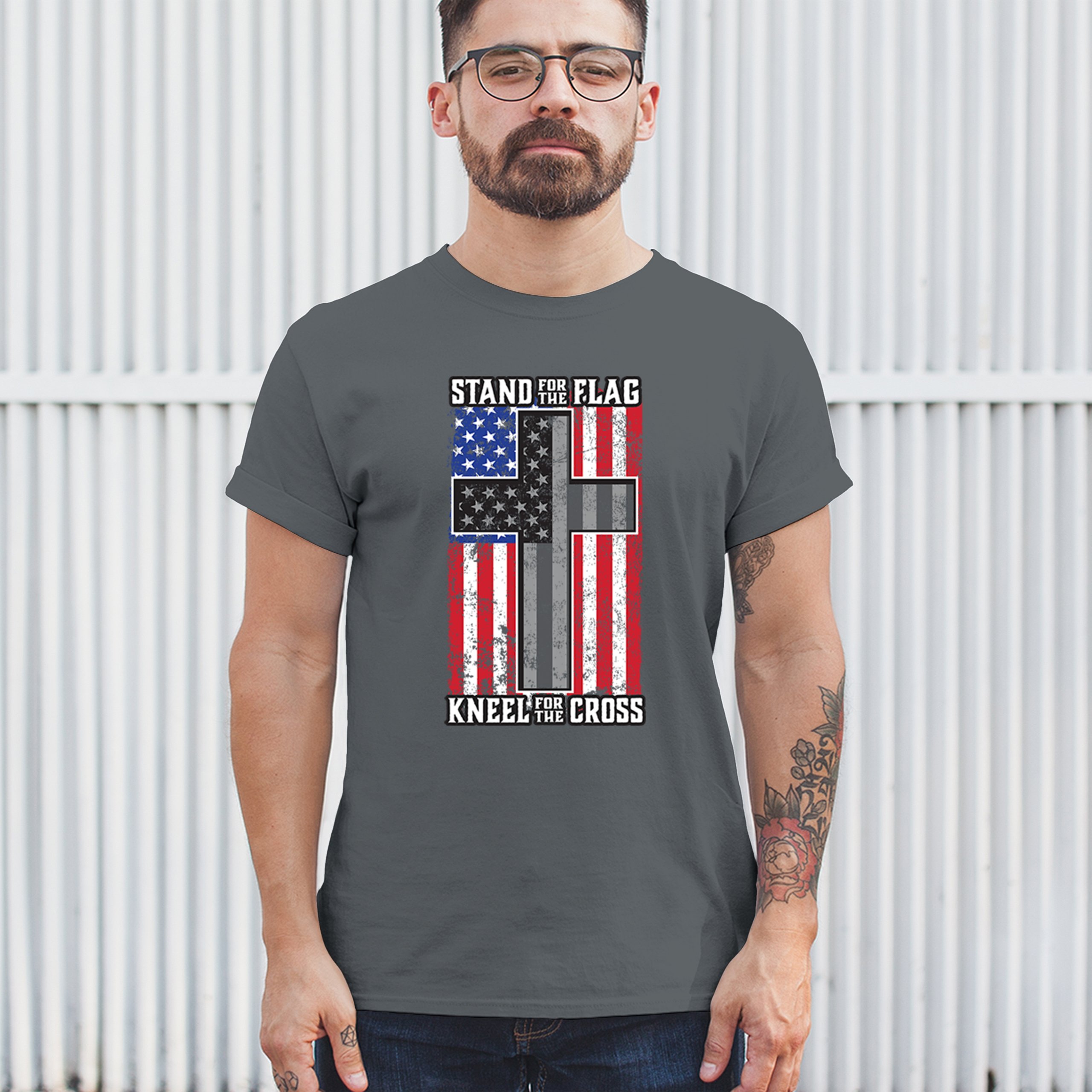 Stand for the Flag Kneel for the Cross T-shirt American Patriotic Men's Tee - Picture 82 of 113