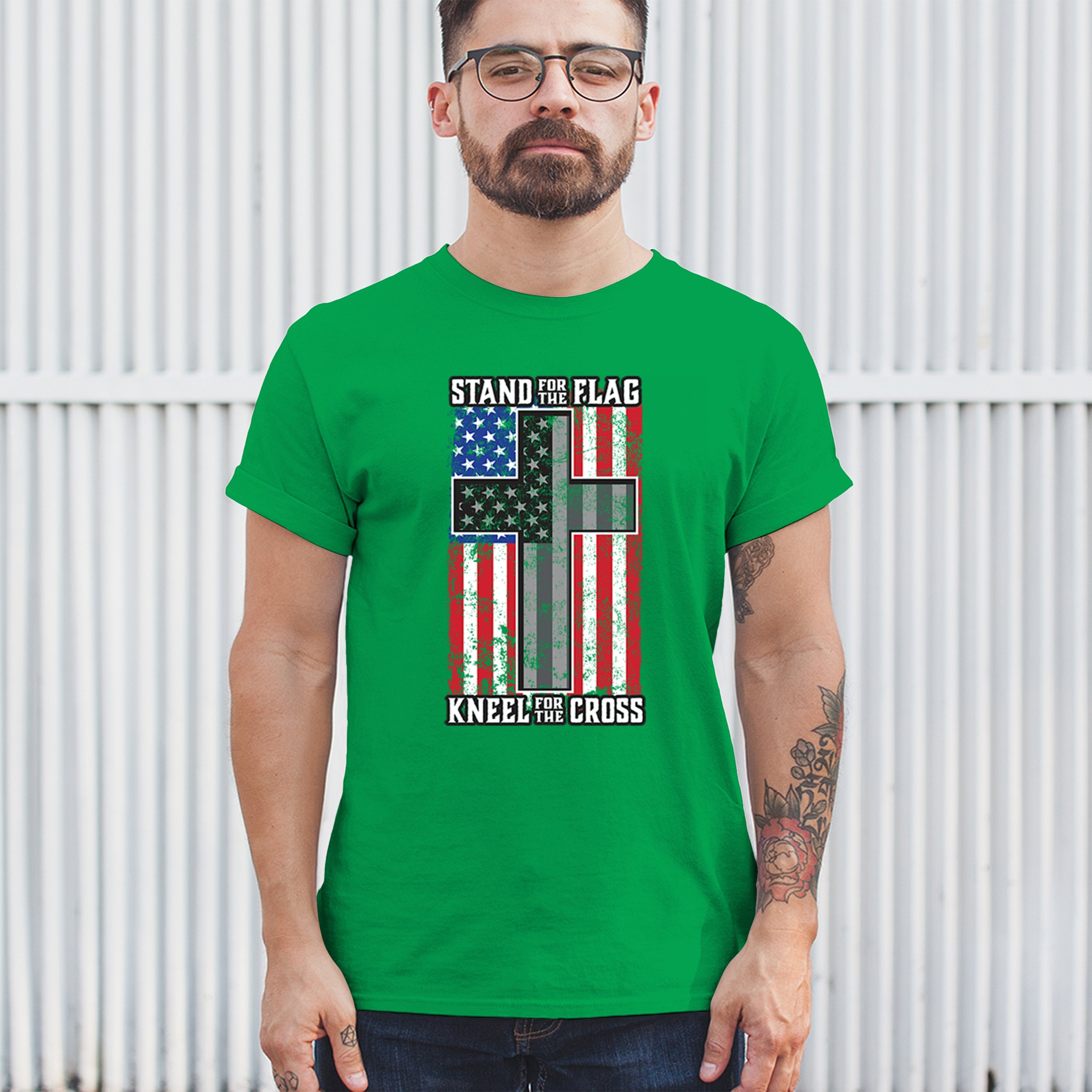 Stand for the Flag Kneel for the Cross T-shirt American Patriotic Men's Tee - Picture 61 of 113