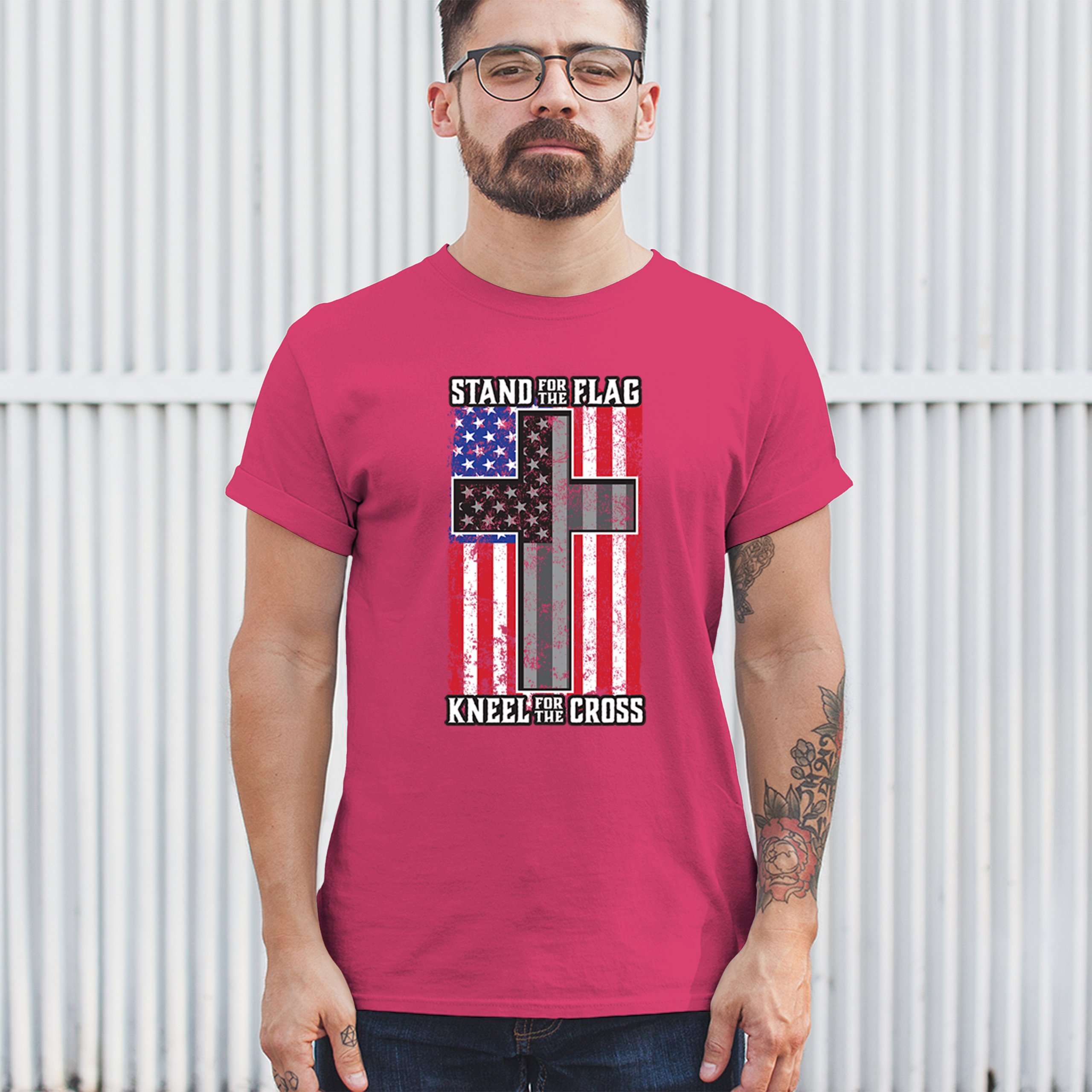 Stand for the Flag Kneel for the Cross T-shirt American Patriotic Men's Tee - Picture 26 of 113