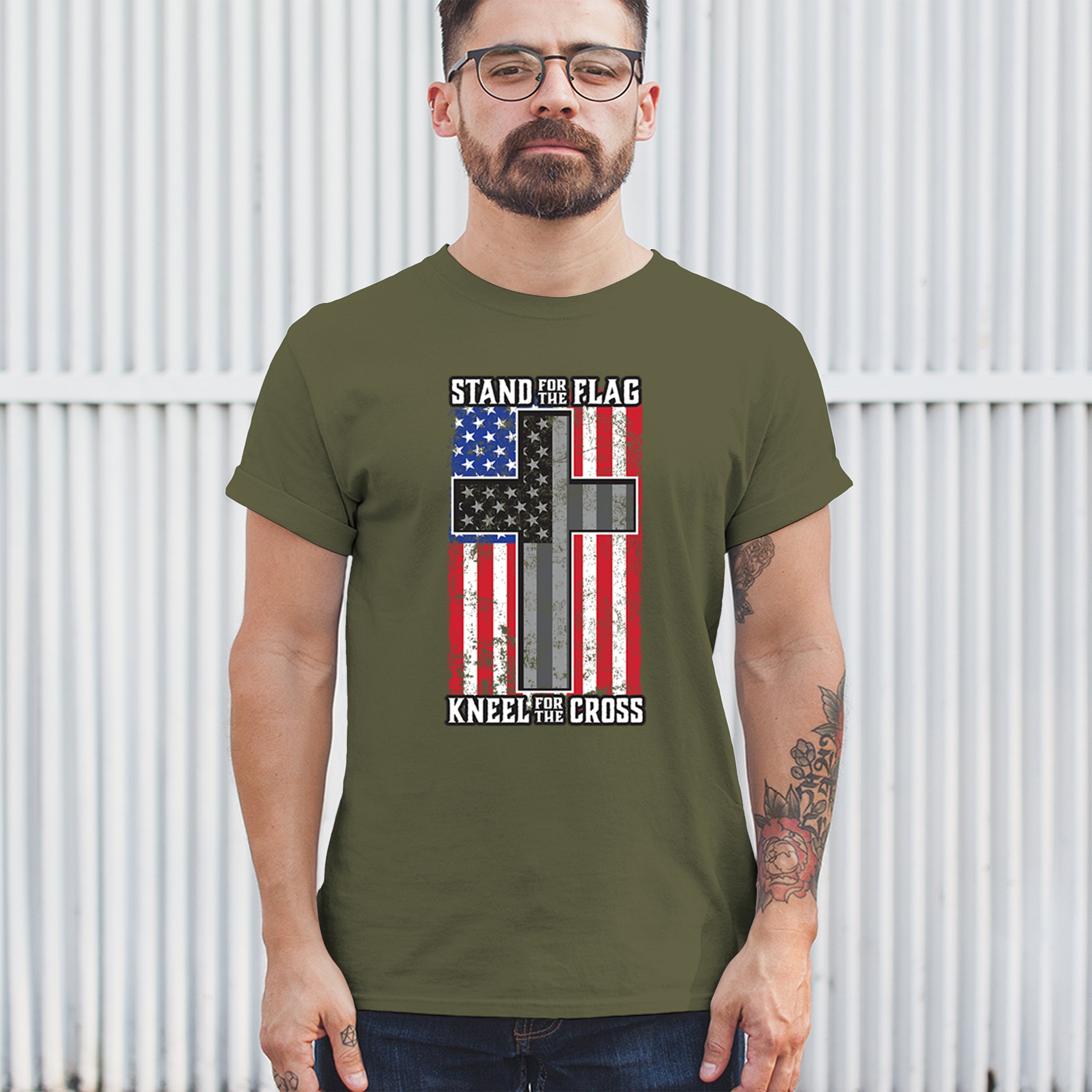 Stand for the Flag Kneel for the Cross T-shirt American Patriotic Men's Tee - Picture 96 of 113