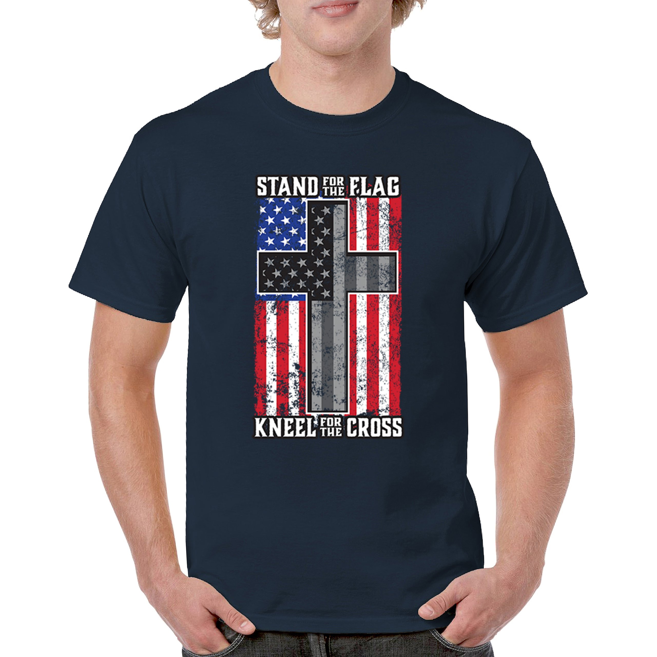 Stand for the Flag Kneel for the Cross T-shirt American Patriotic Men's Tee - Picture 51 of 113