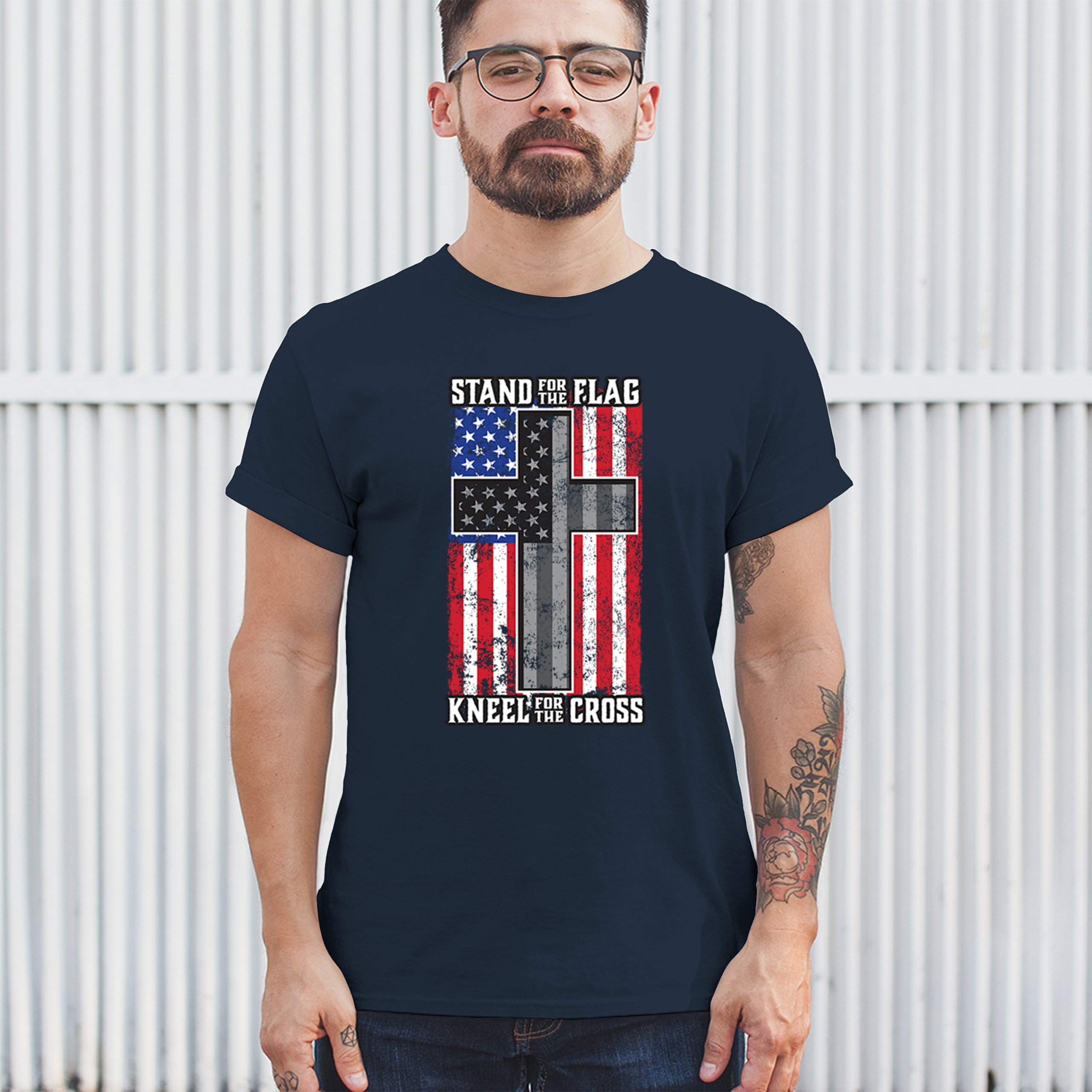Stand for the Flag Kneel for the Cross T-shirt American Patriotic Men's Tee - Picture 54 of 113