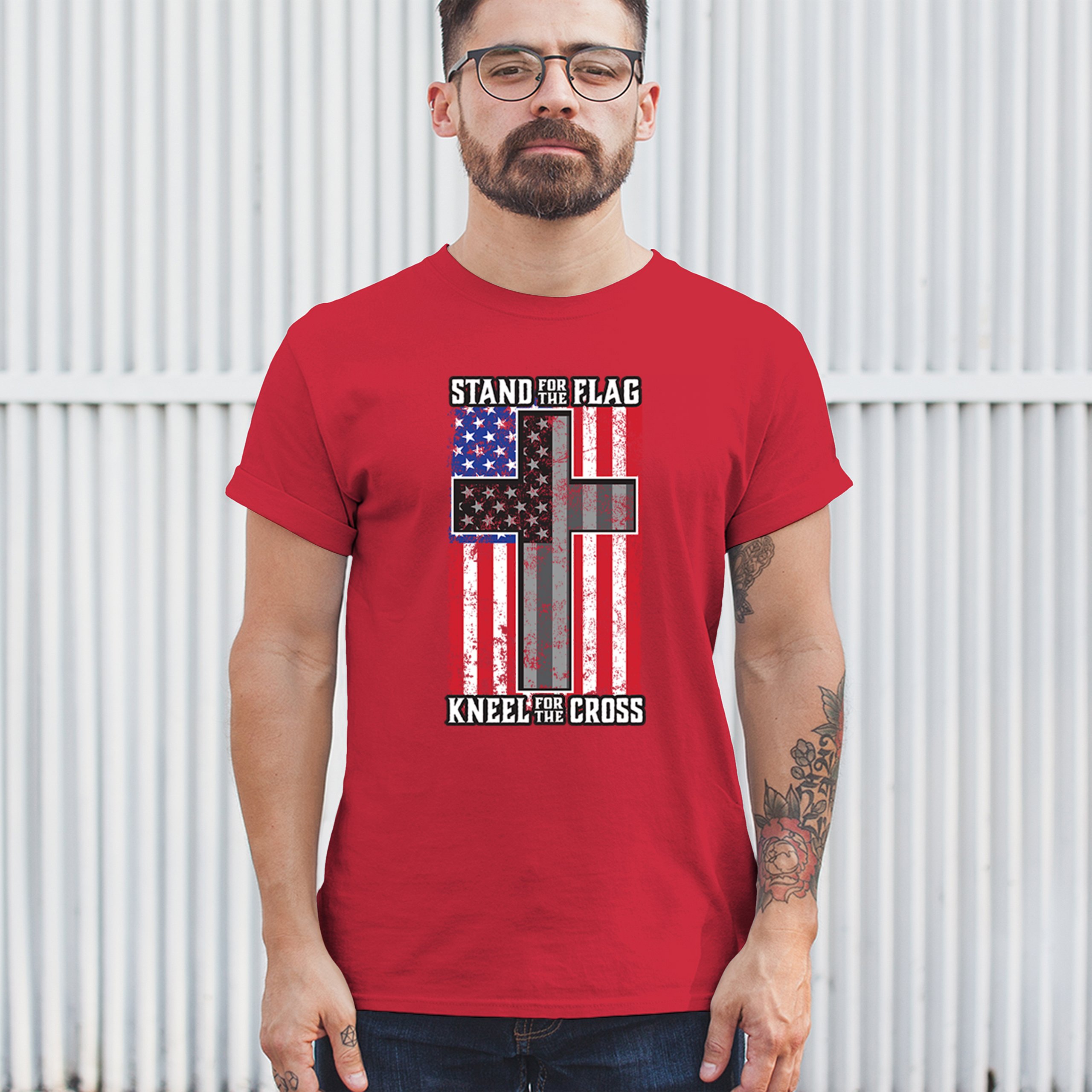 Stand for the Flag Kneel for the Cross T-shirt American Patriotic Men's Tee - Picture 40 of 113