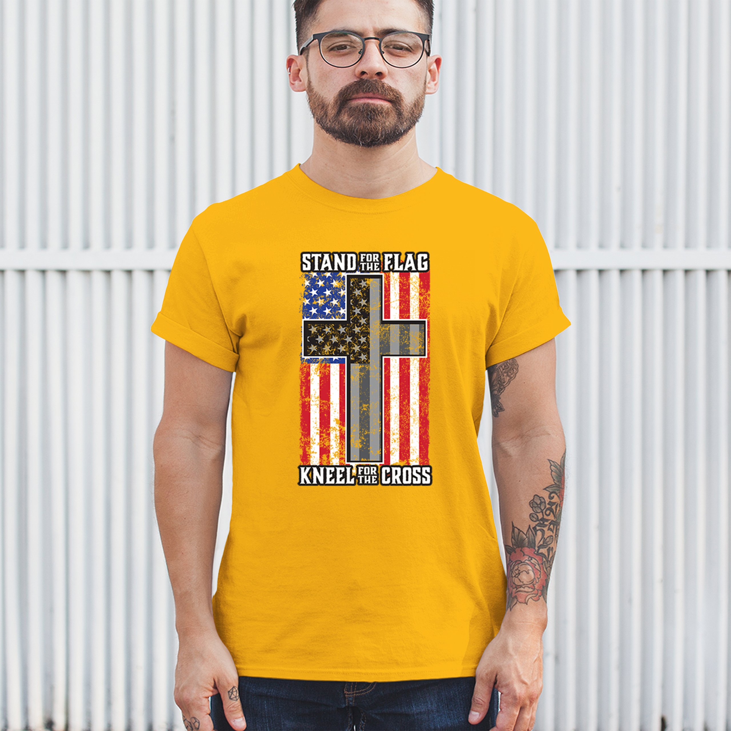 Stand for the Flag Kneel for the Cross T-shirt American Patriotic Men's Tee - Picture 110 of 113