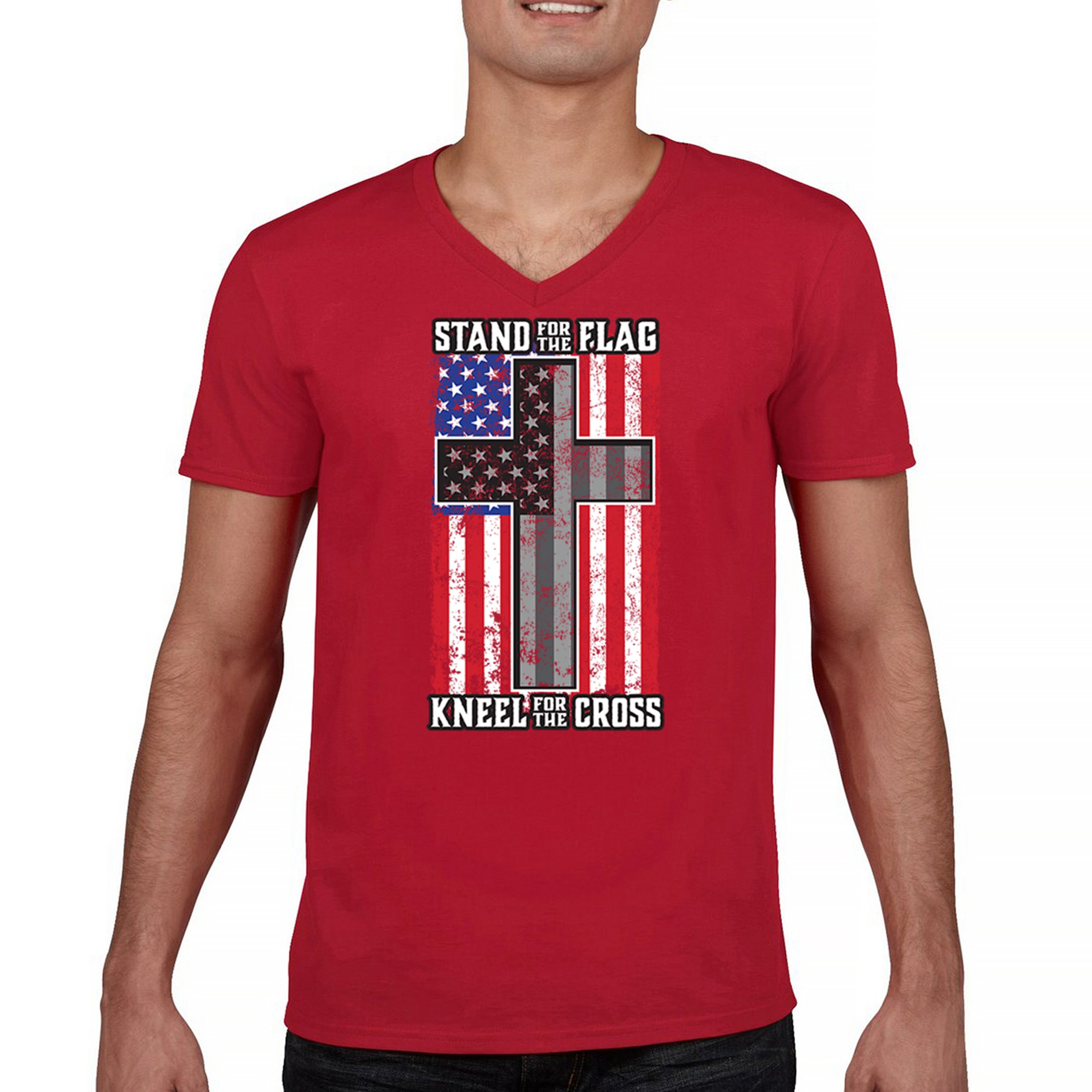 Stand for the Flag Kneel for the Cross V-Neck T-shirt American Patriotic Tee - 第 9/29 張圖片