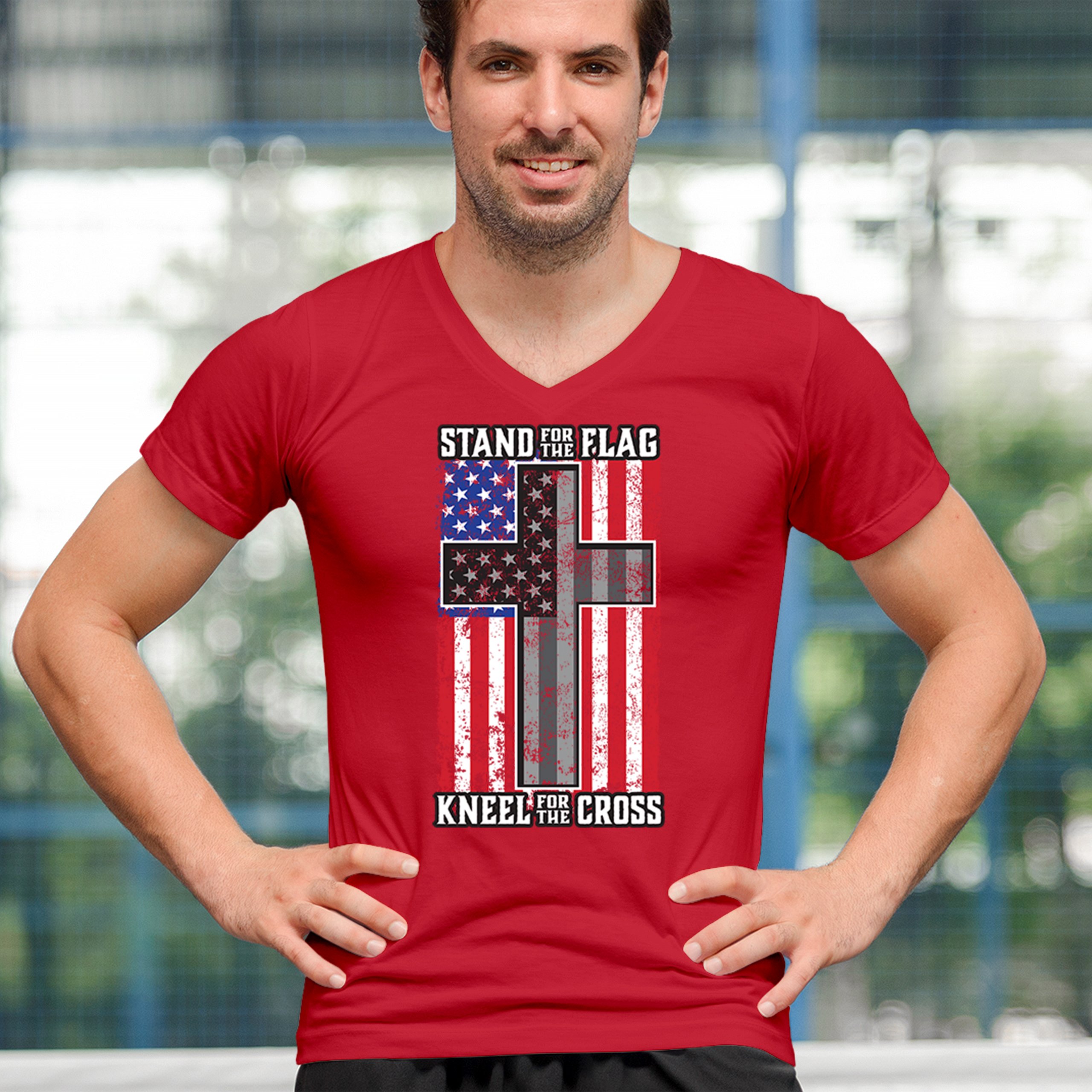 Stand for the Flag Kneel for the Cross V-Neck T-shirt American Patriotic Tee - 第 12/29 張圖片