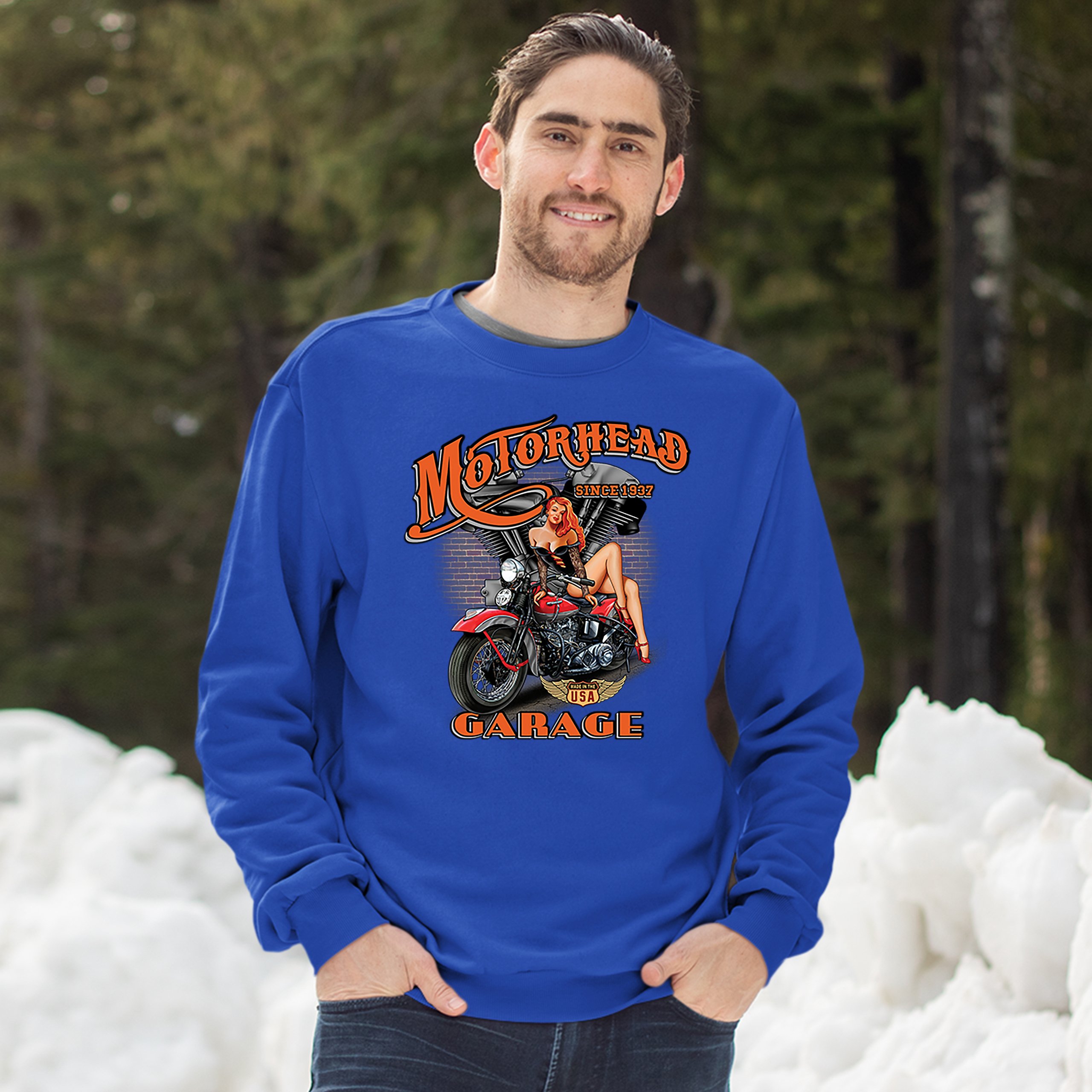 Motorhead Garage Sweatshirt Biker Chopper Motorcycle Pin-up Girl Crewneck - Picture 35 of 36