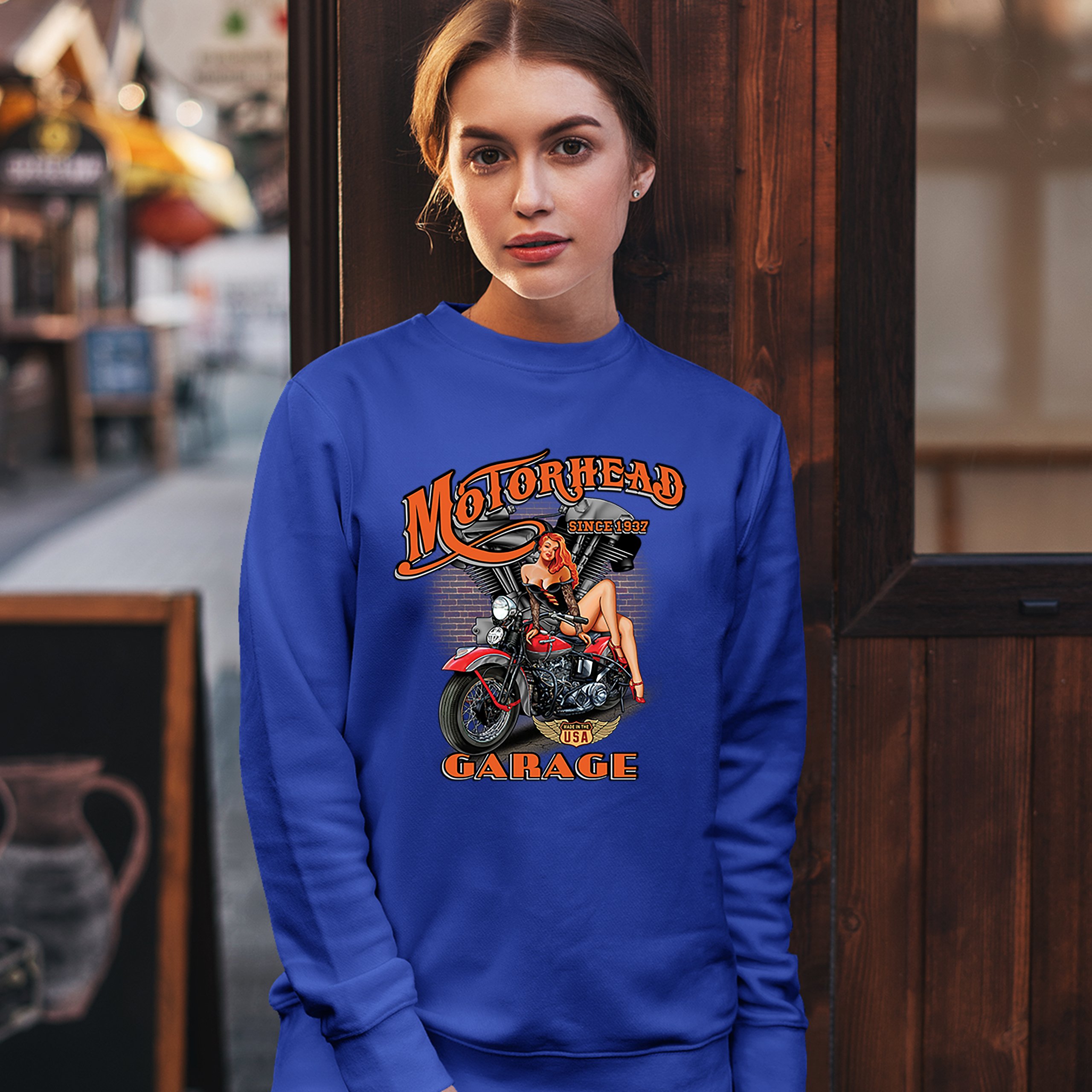 Motorhead Garage Sweatshirt Biker Chopper Motorcycle Pin-up Girl Crewneck - Picture 36 of 36