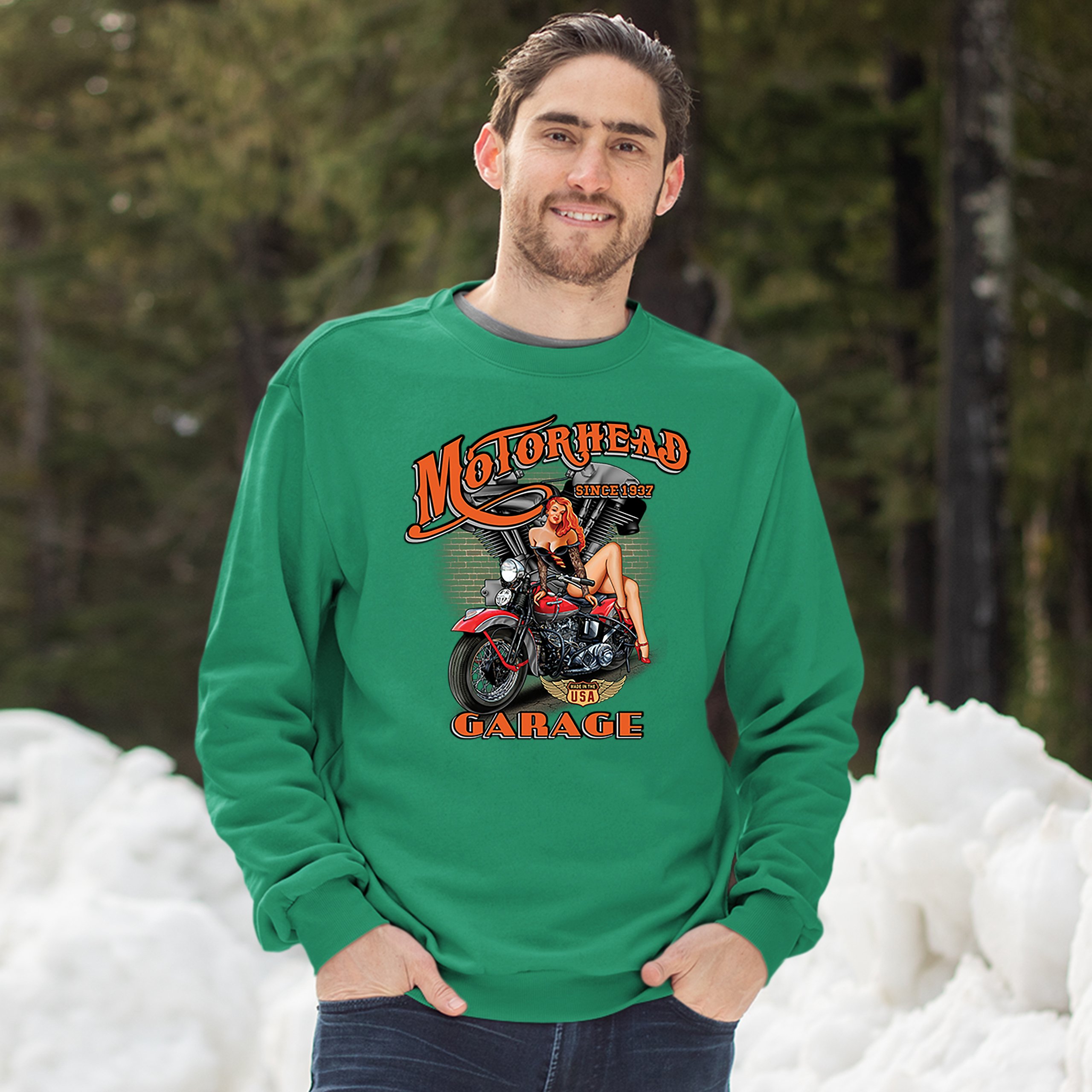 Motorhead Garage Sweatshirt Biker Chopper Motorcycle Pin-up Girl Crewneck - Picture 30 of 36