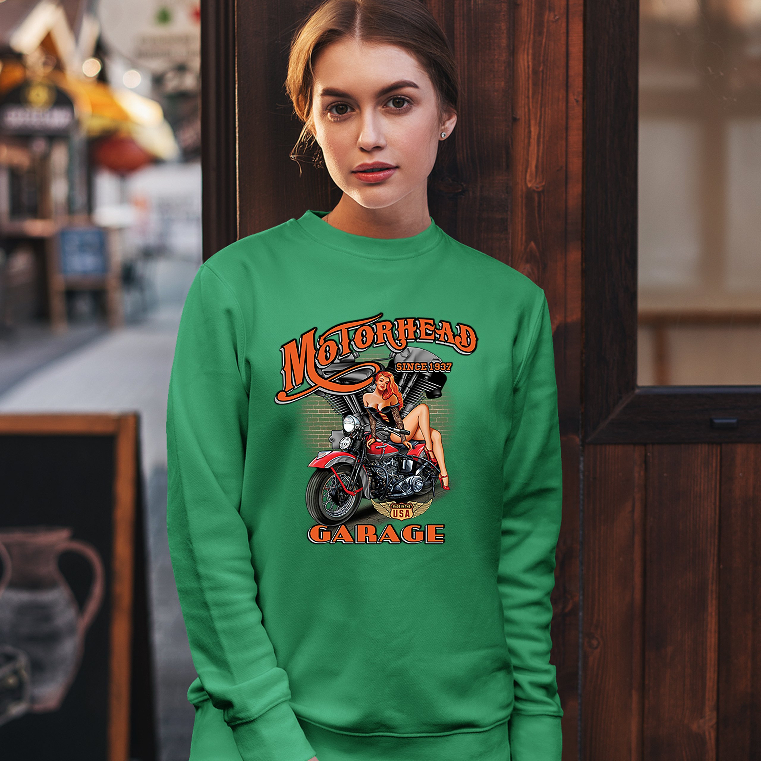 Motorhead Garage Sweatshirt Biker Chopper Motorcycle Pin-up Girl Crewneck - Picture 31 of 36