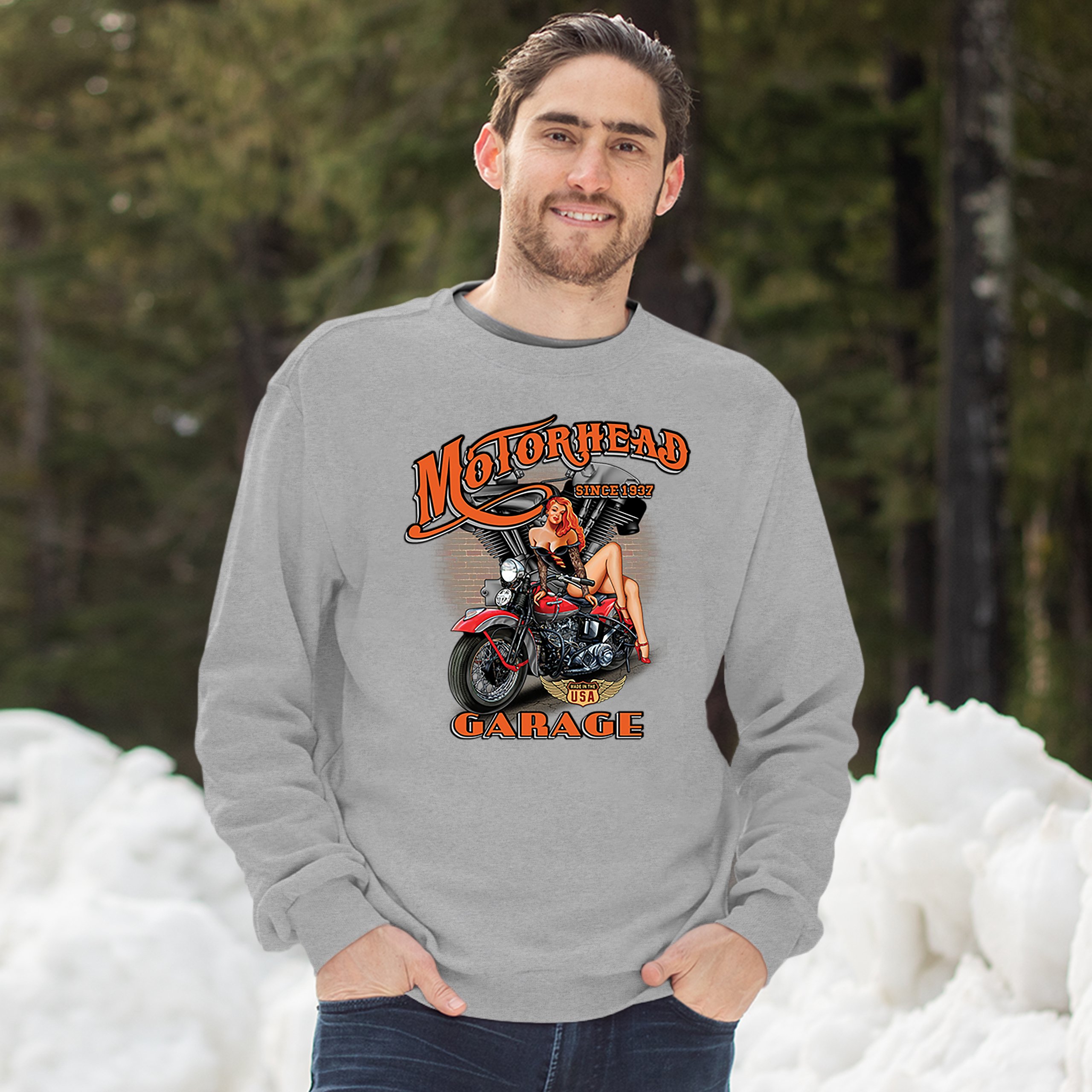 Motorhead Garage Sweatshirt Biker Chopper Motorcycle Pin-up Girl Crewneck - Picture 10 of 36