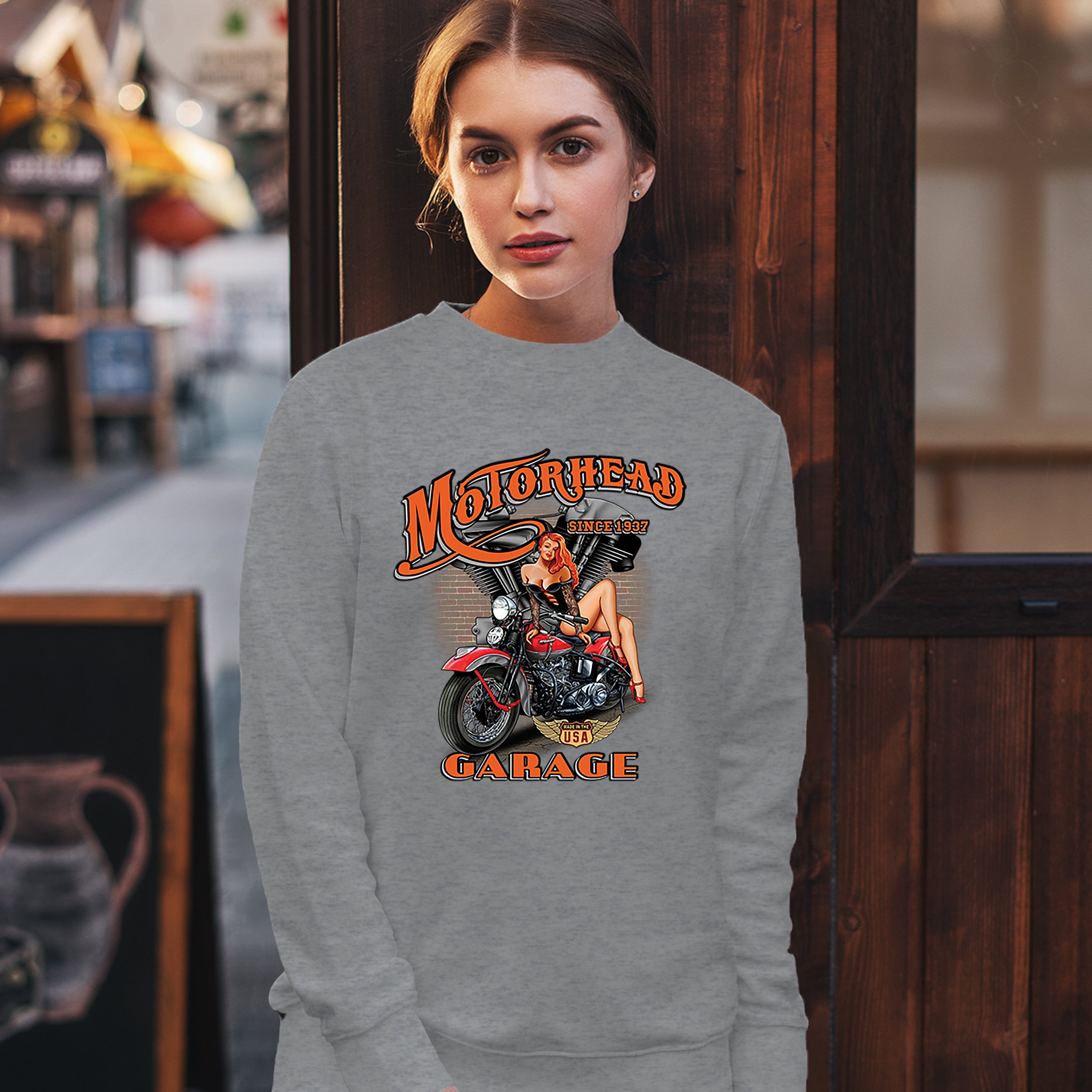 Motorhead Garage Sweatshirt Biker Chopper Motorcycle Pin-up Girl Crewneck - Picture 11 of 36