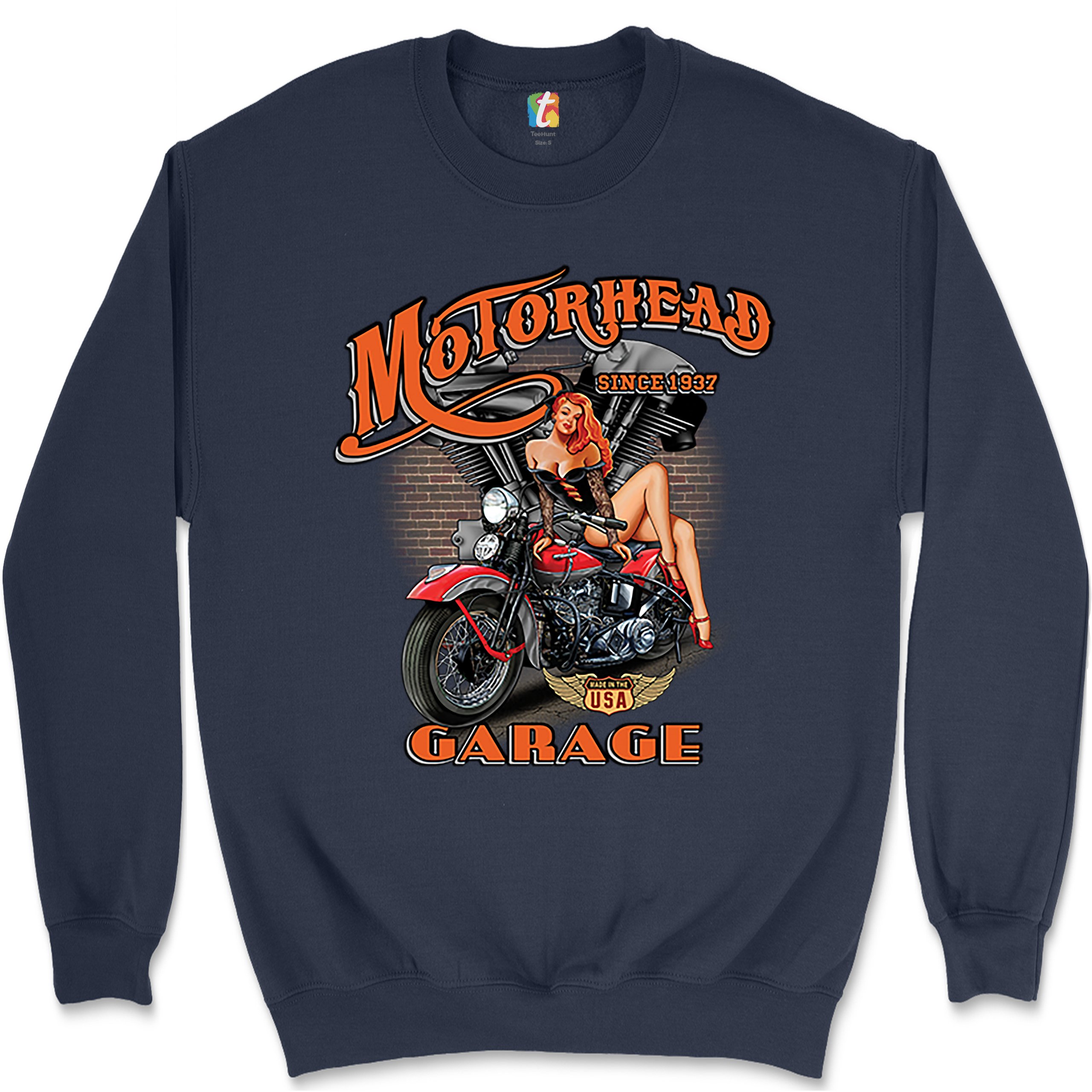 Motorhead Garage Sweatshirt Biker Chopper Motorcycle Pin-up Girl Crewneck - Picture 22 of 36