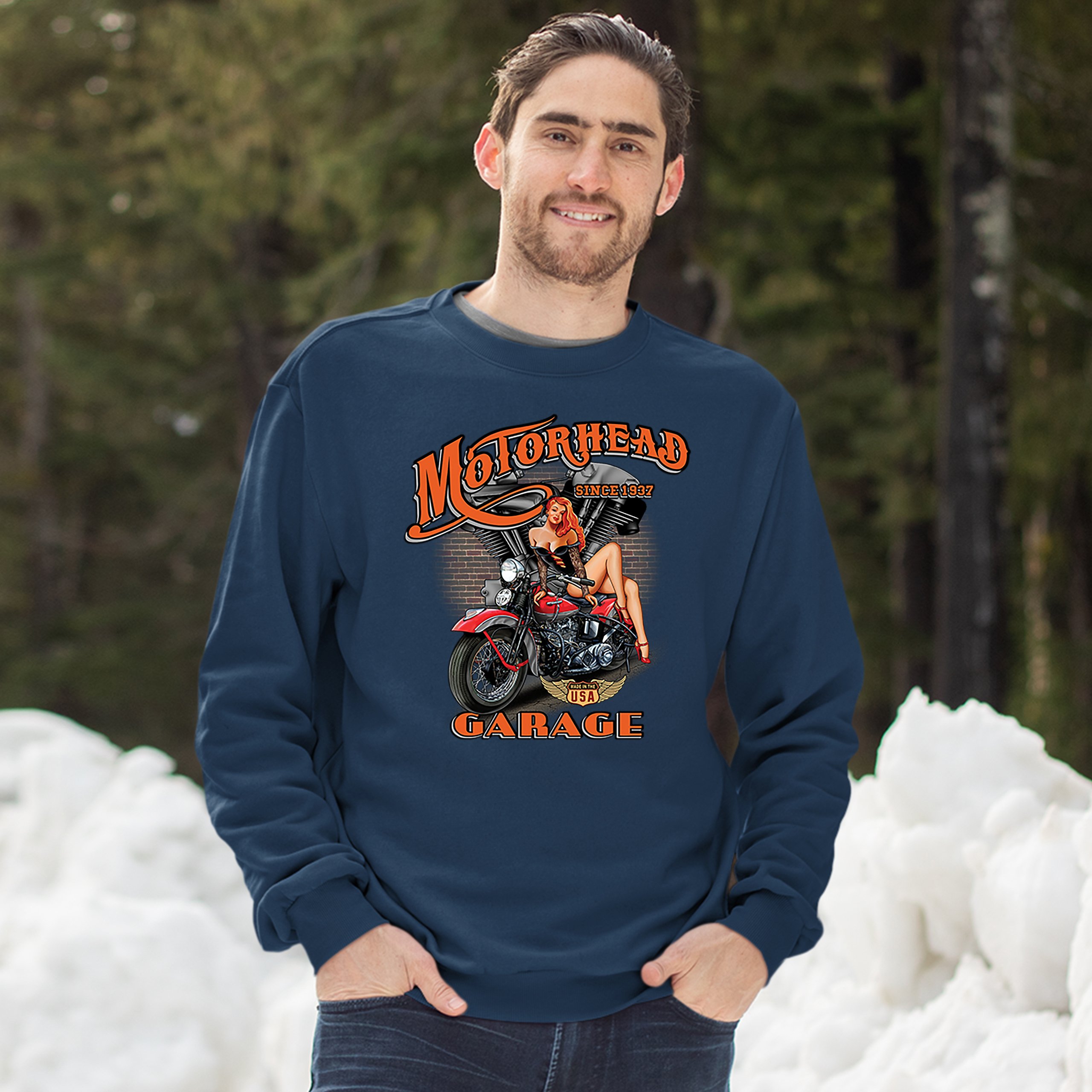 Motorhead Garage Sweatshirt Biker Chopper Motorcycle Pin-up Girl Crewneck - Picture 25 of 36