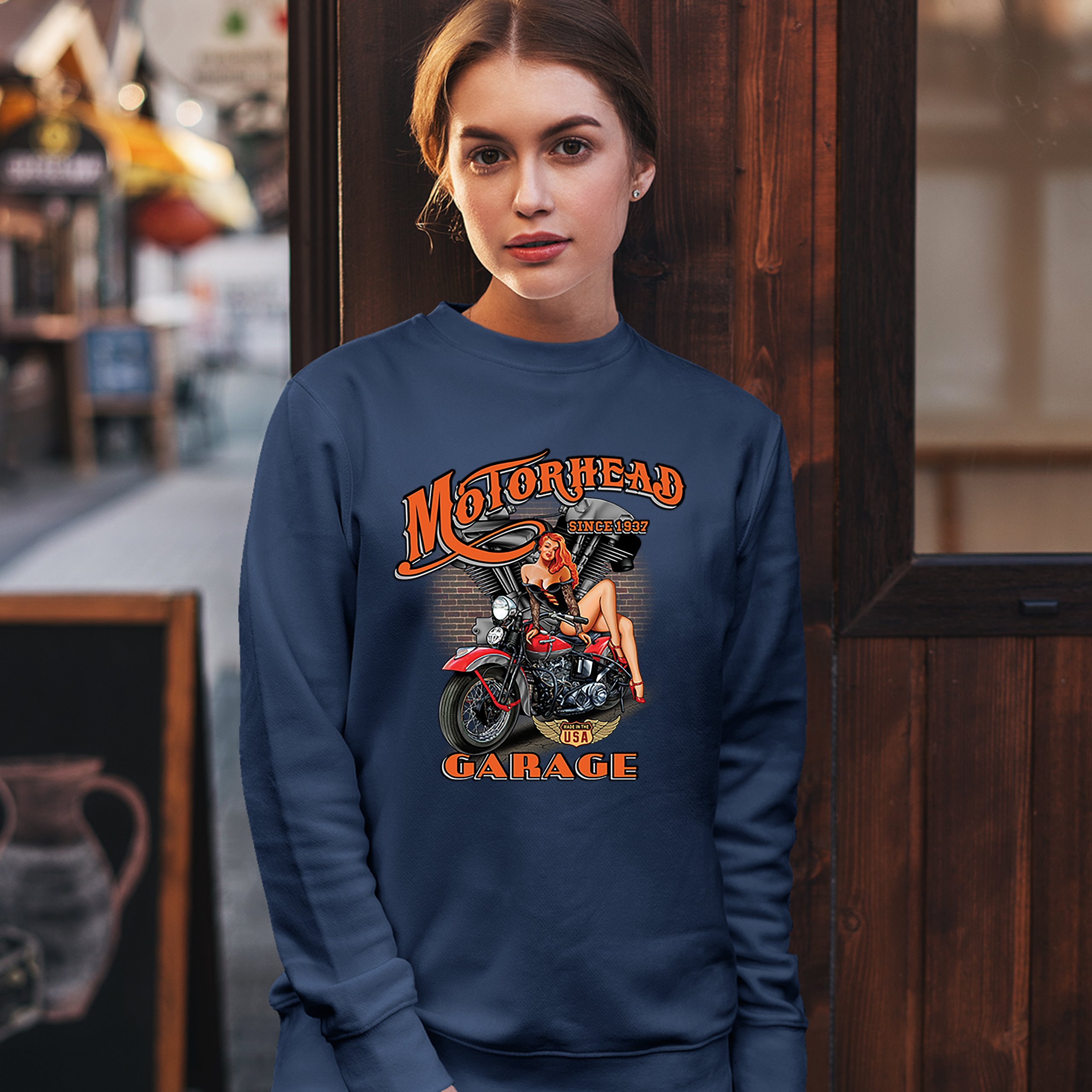 Motorhead Garage Sweatshirt Biker Chopper Motorcycle Pin-up Girl Crewneck - Picture 26 of 36