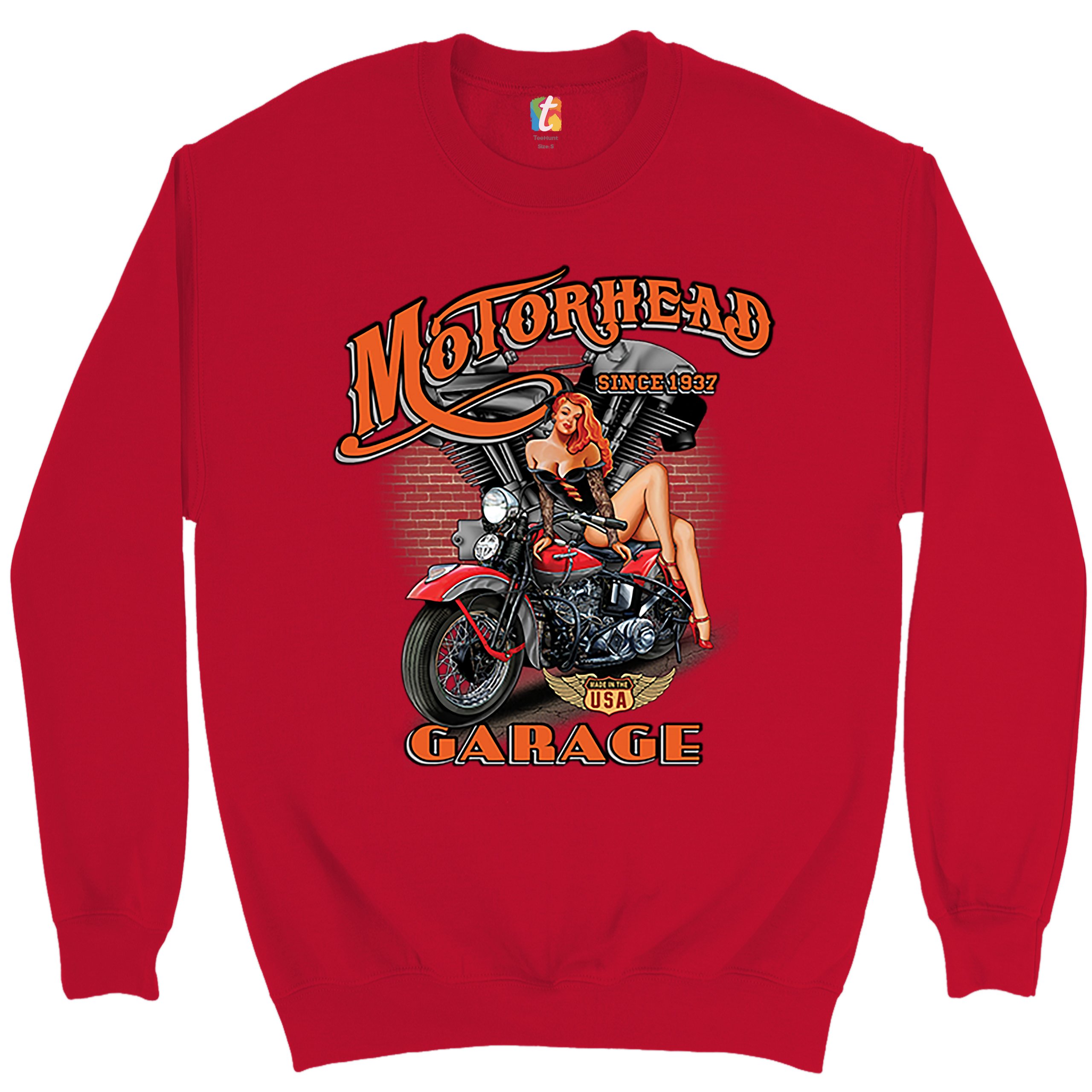 Motorhead Garage Sweatshirt Biker Chopper Motorcycle Pin-up Girl Crewneck - Picture 12 of 36