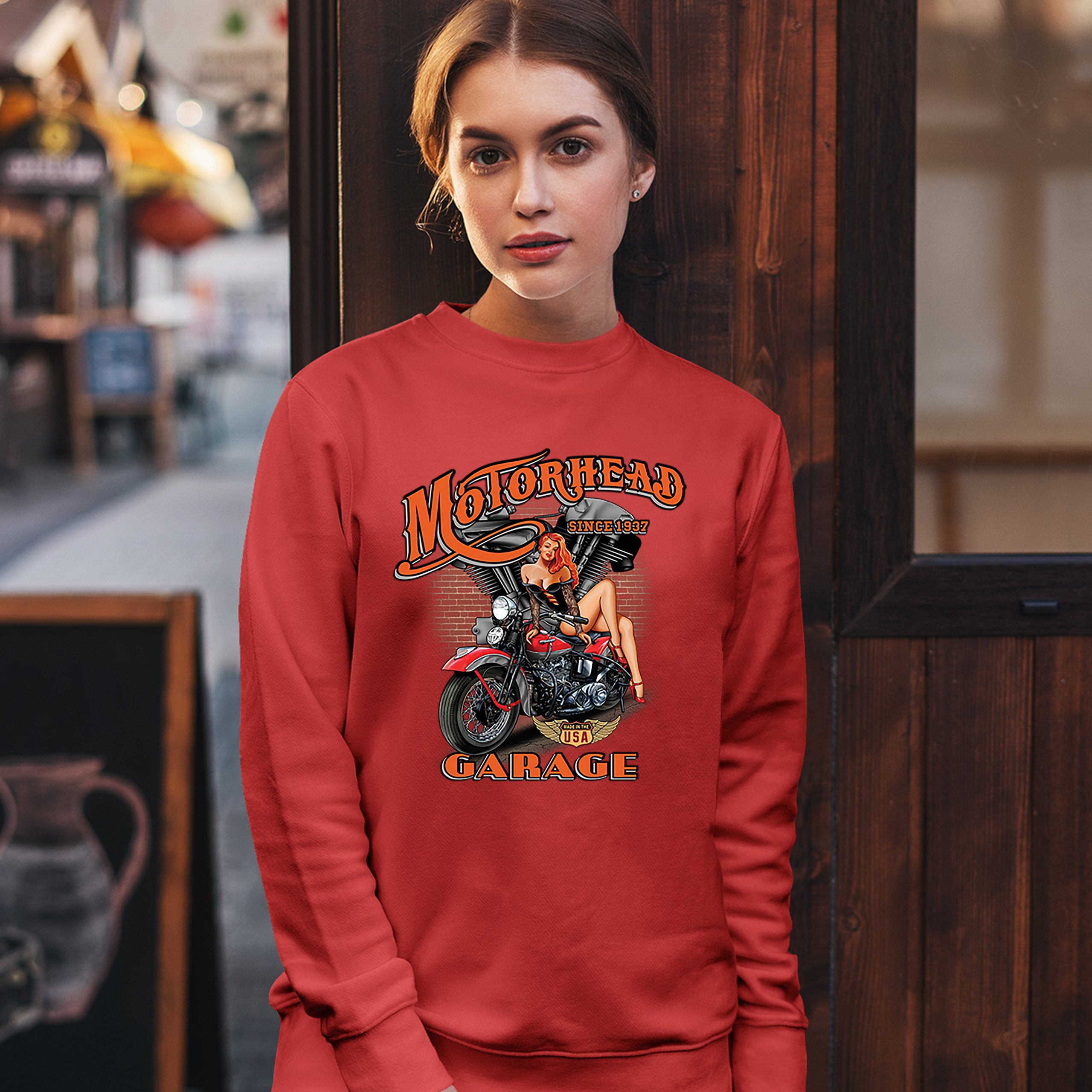 Motorhead Garage Sweatshirt Biker Chopper Motorcycle Pin-up Girl Crewneck - Picture 16 of 36
