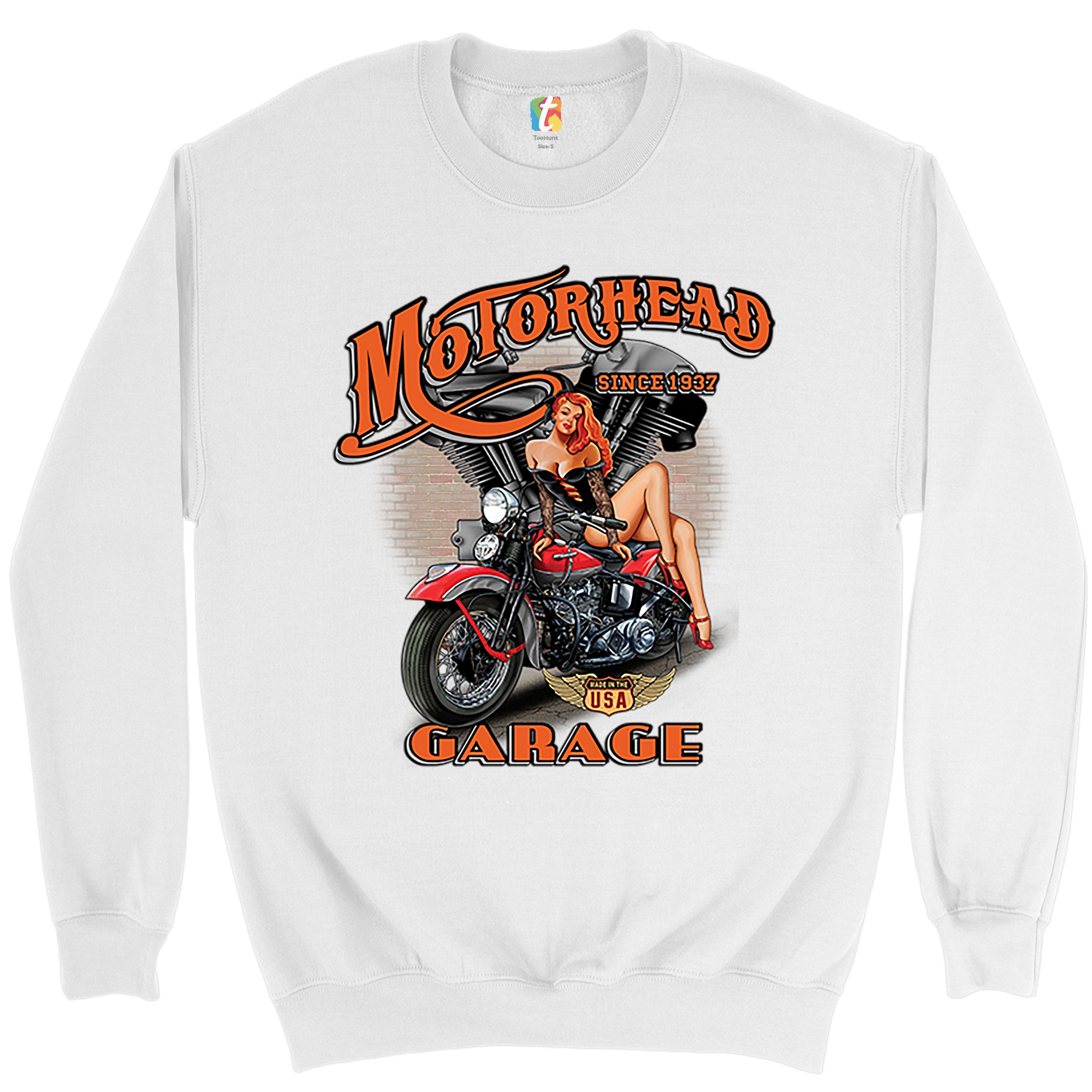 Motorhead Garage Sweatshirt Biker Chopper Motorcycle Pin-up Girl Crewneck - Picture 17 of 36