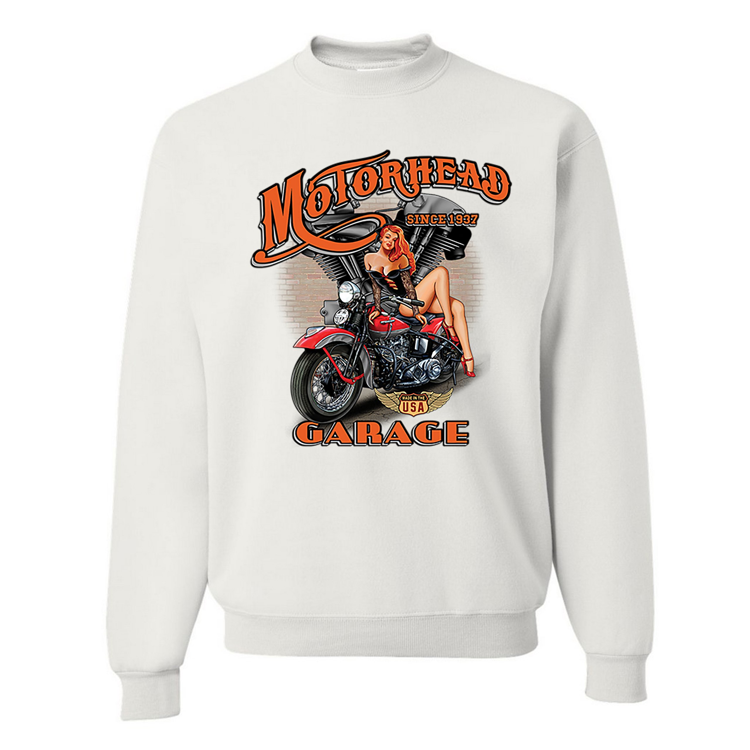 Motorhead Garage Sweatshirt Biker Chopper Motorcycle Pin-up Girl Crewneck - Picture 18 of 36