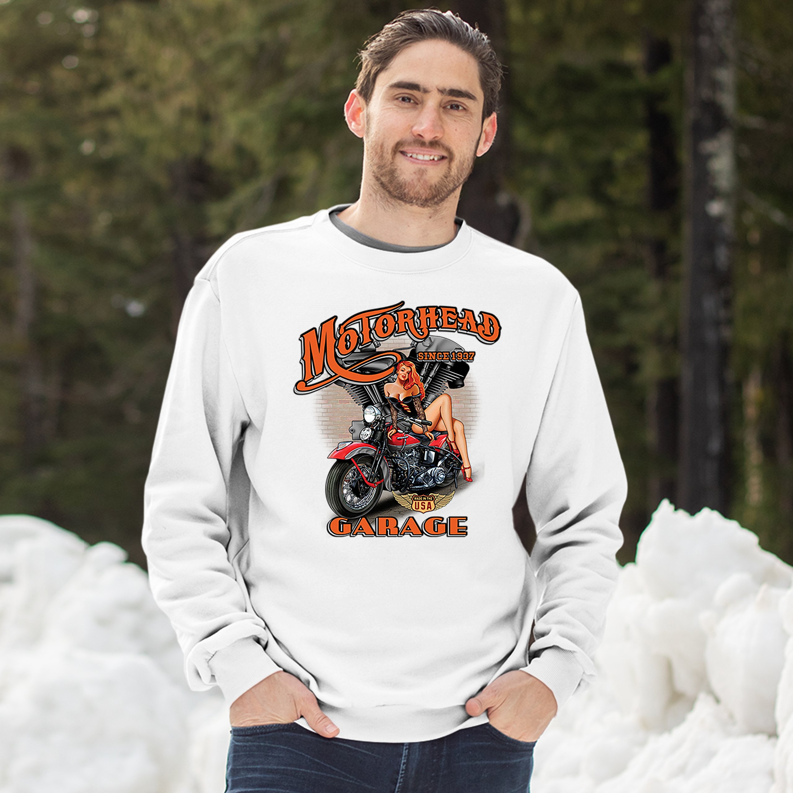 Motorhead Garage Sweatshirt Biker Chopper Motorcycle Pin-up Girl Crewneck - Picture 20 of 36
