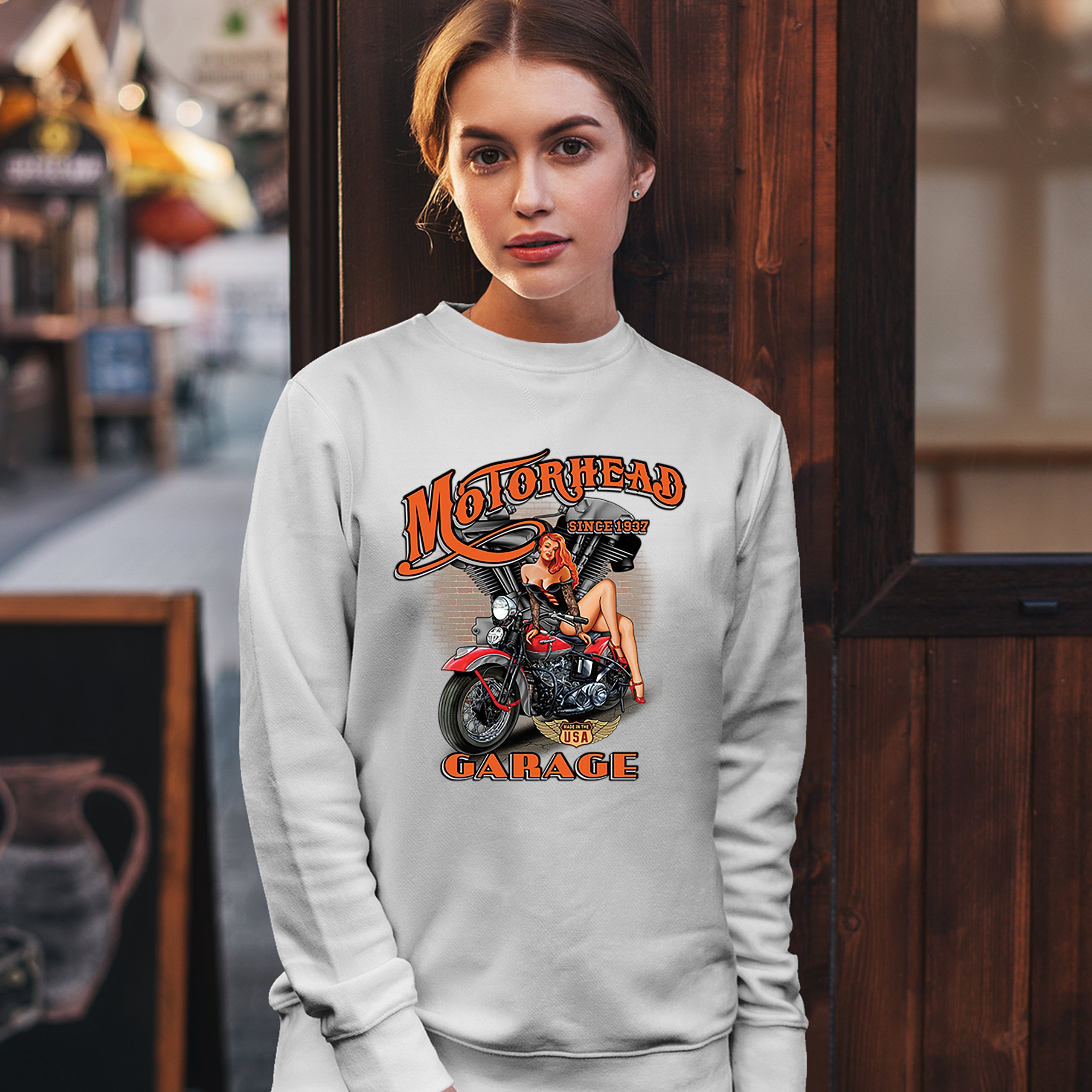 Motorhead Garage Sweatshirt Biker Chopper Motorcycle Pin-up Girl Crewneck - Picture 21 of 36