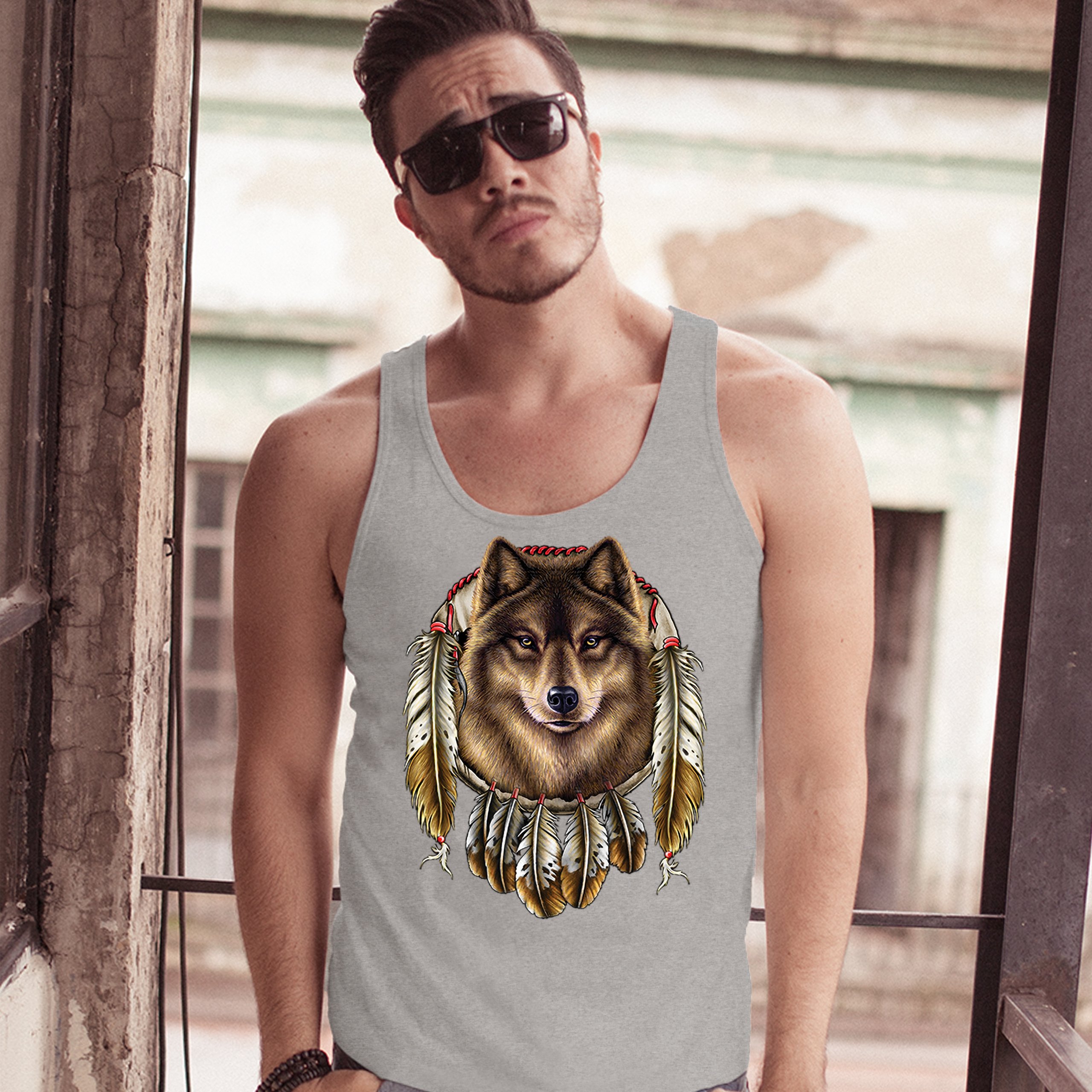 Wolf Spirit Tank Top Native American Dreamcatcher Indigenous Men's Top - Picture 9 of 25