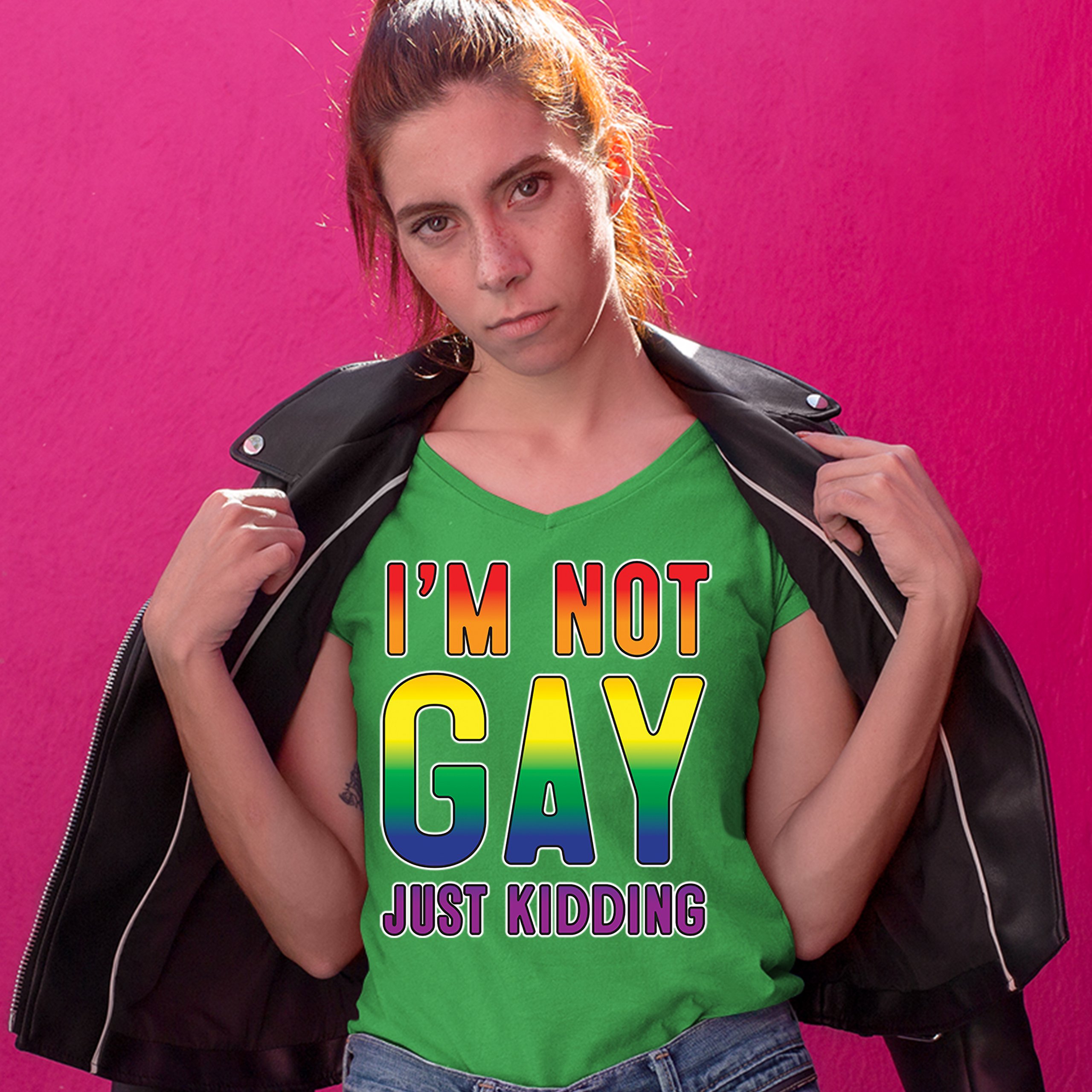 I'm Not Gay Just Kidding Women's V-Neck T-shirt Love Is Love Gay Rainbow Tee - Picture 29 of 41