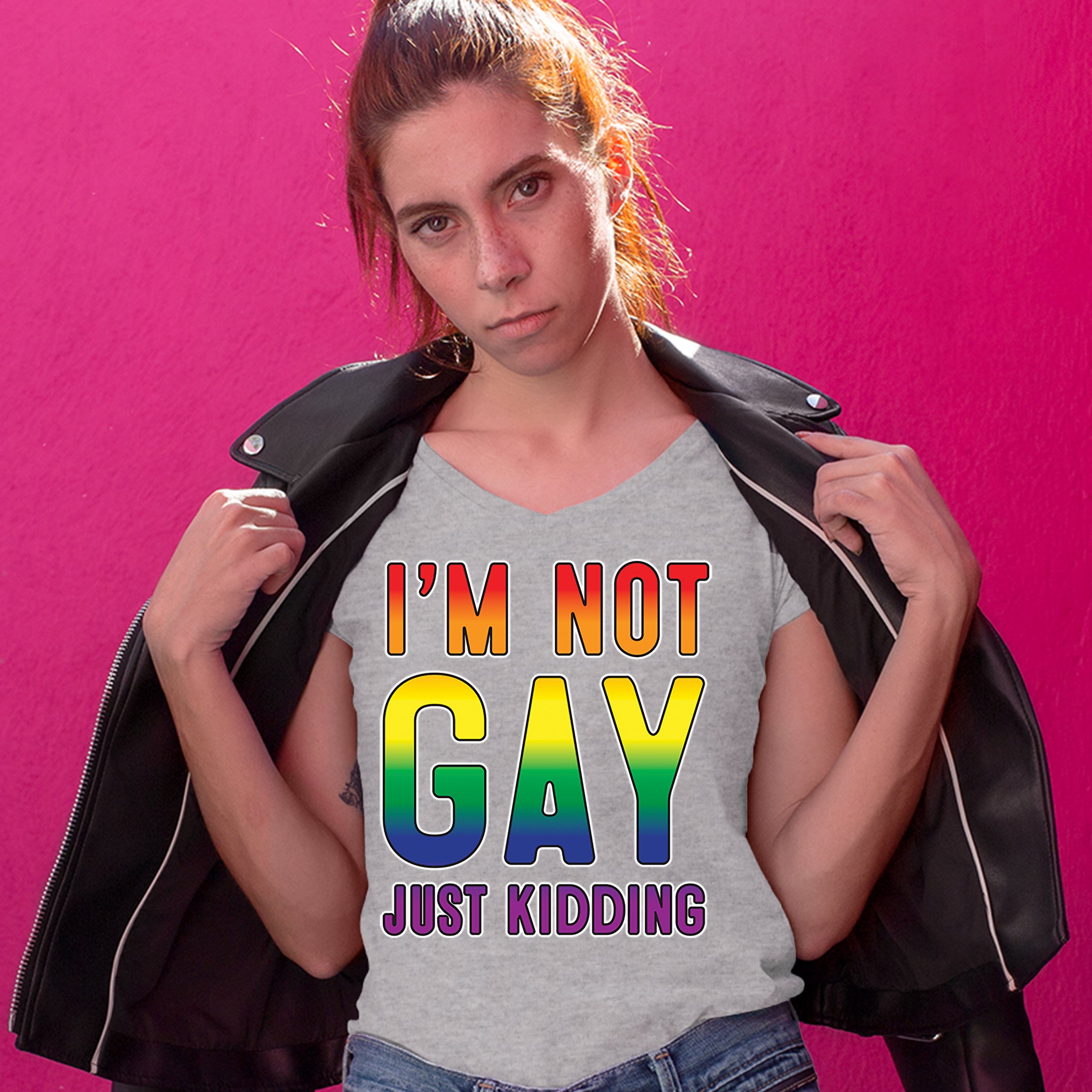 I'm Not Gay Just Kidding Women's V-Neck T-shirt Love Is Love Gay Rainbow Tee - Picture 9 of 41
