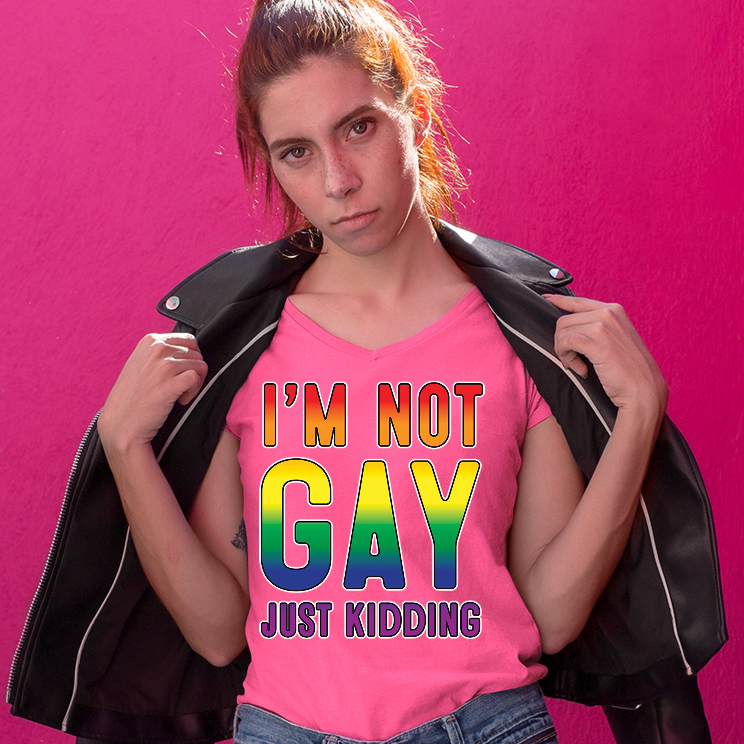 I'm Not Gay Just Kidding Women's V-Neck T-shirt Love Is Love Gay Rainbow Tee - Picture 37 of 41