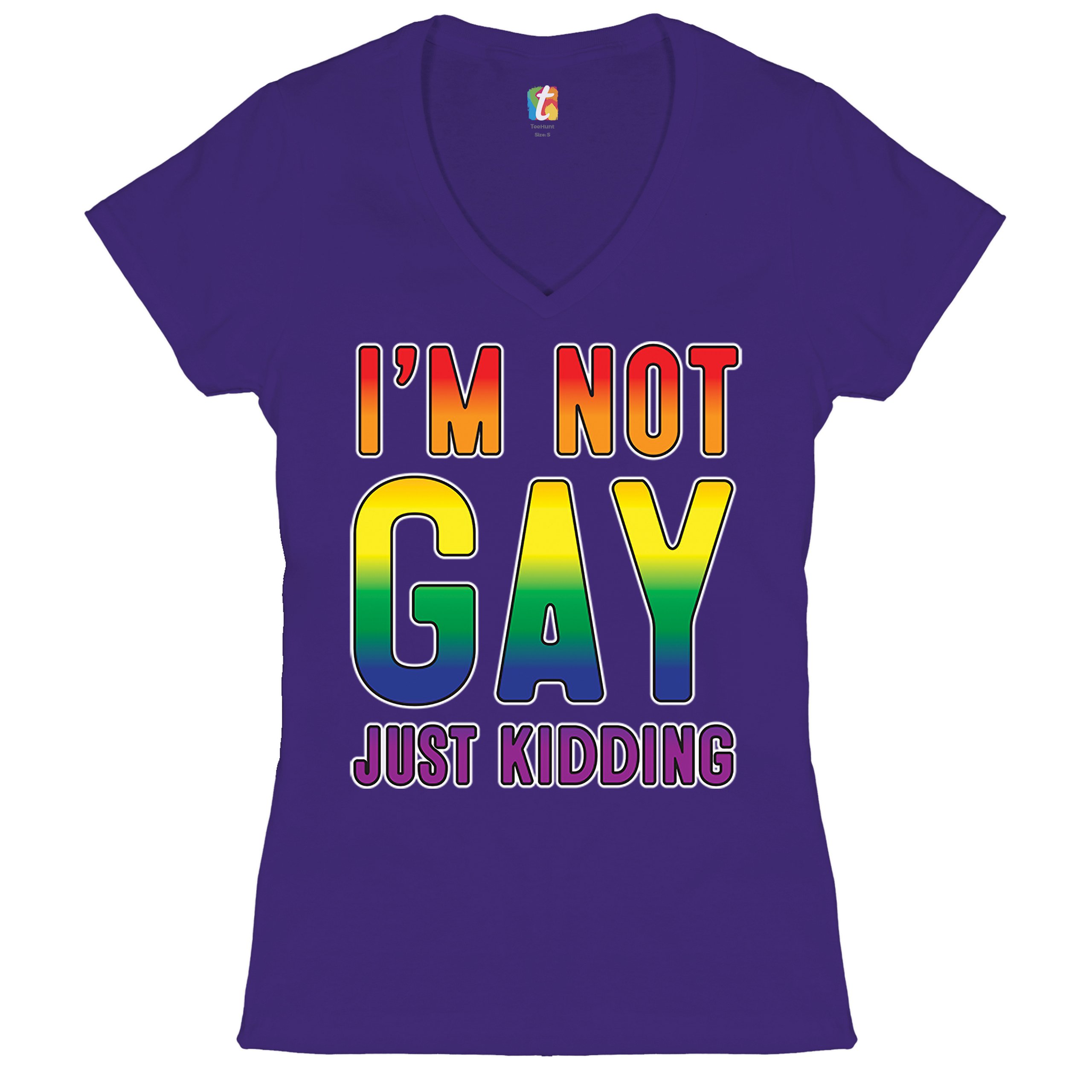 I'm Not Gay Just Kidding Women's V-Neck T-shirt Love Is Love Gay Rainbow Tee - Picture 10 of 41