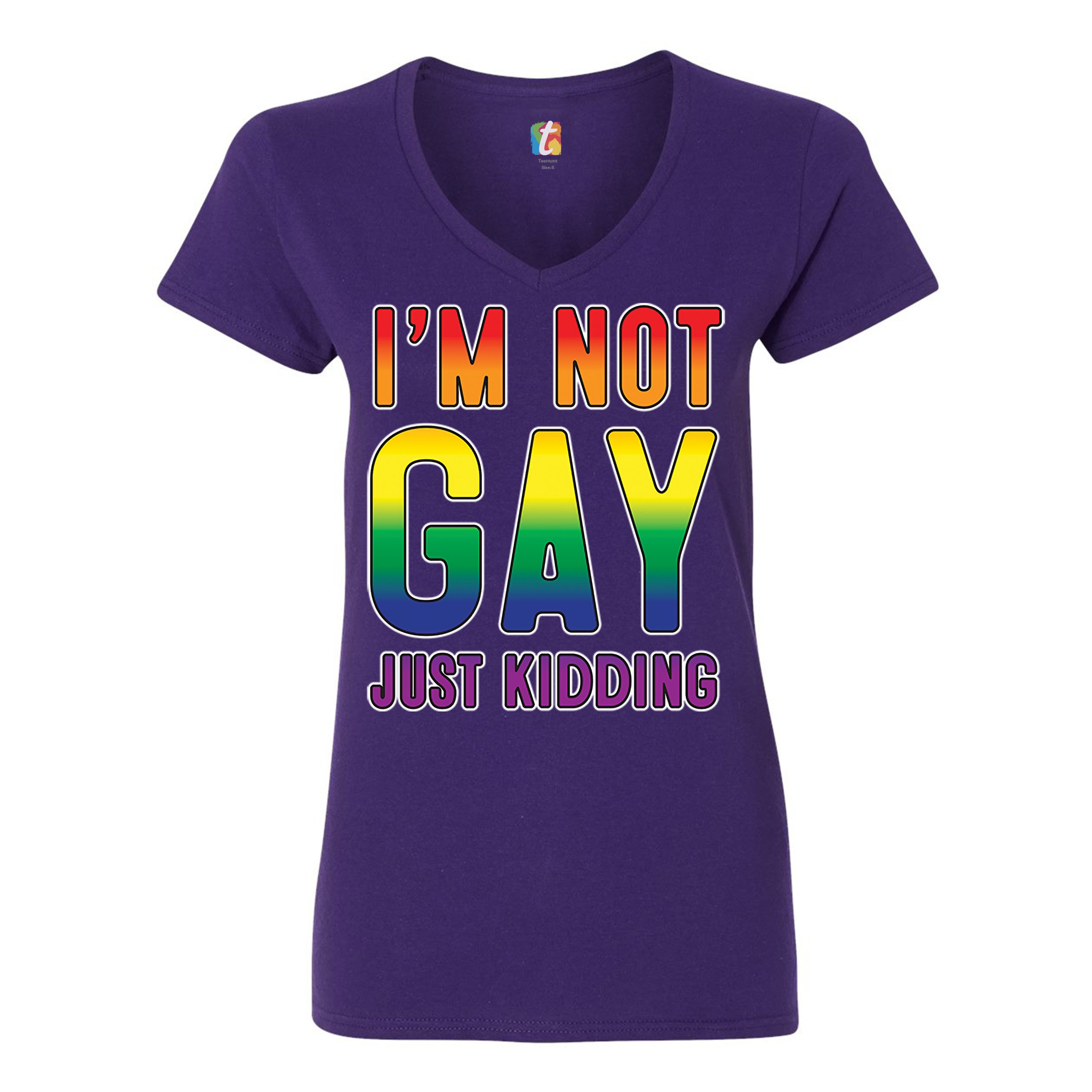 I'm Not Gay Just Kidding Women's V-Neck T-shirt Love Is Love Gay Rainbow Tee - Picture 11 of 41