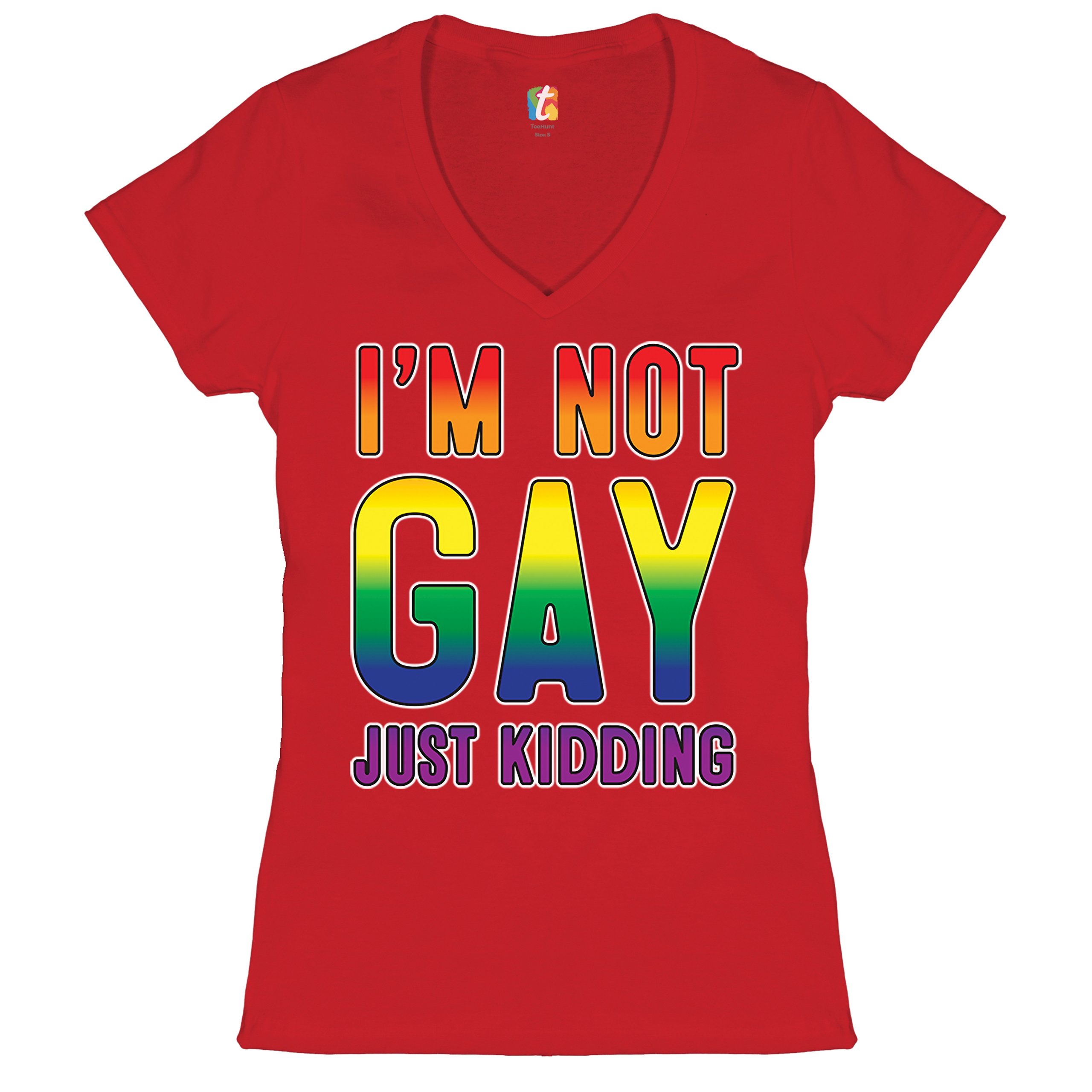 I'm Not Gay Just Kidding Women's V-Neck T-shirt Love Is Love Gay Rainbow Tee - Picture 14 of 41