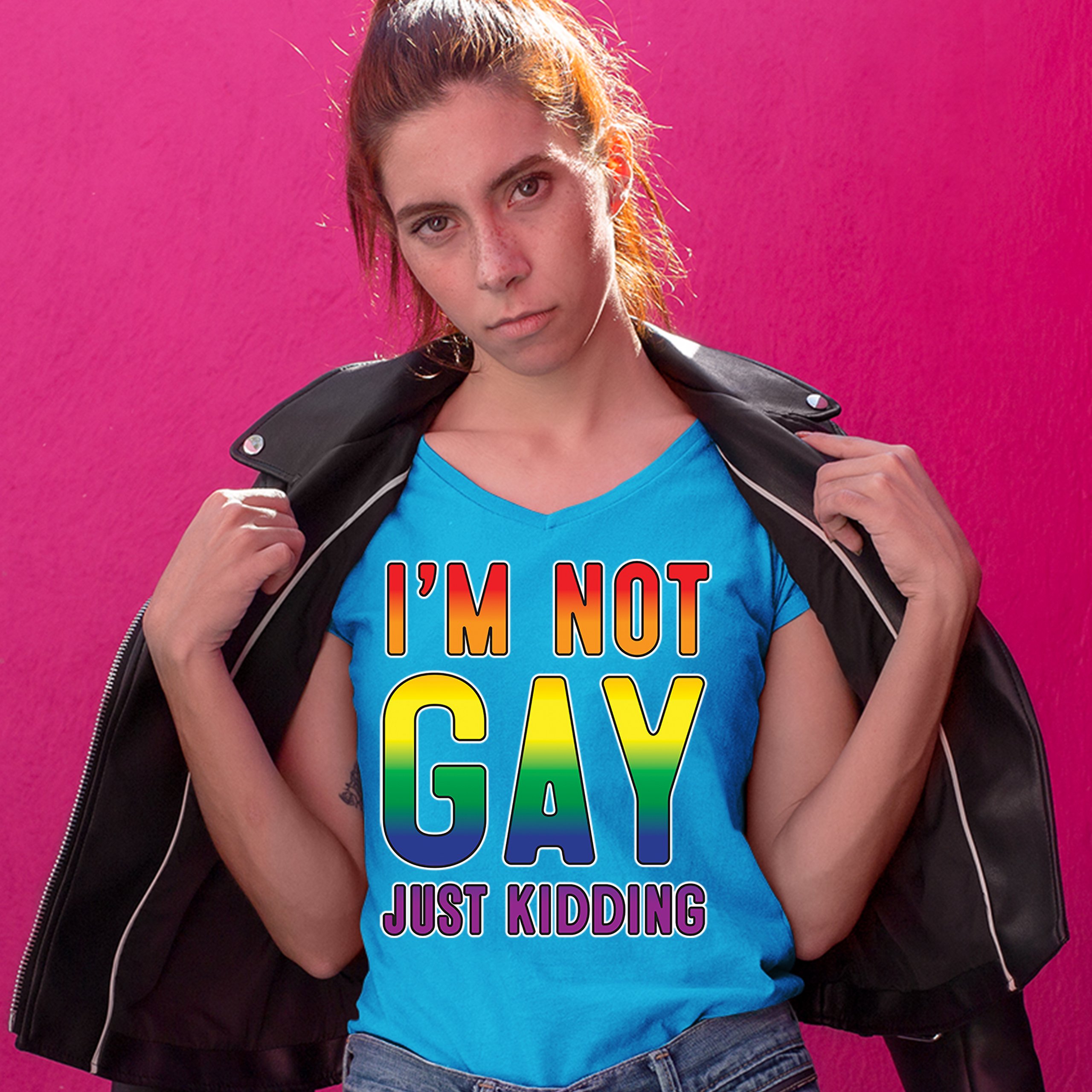 I'm Not Gay Just Kidding Women's V-Neck T-shirt Love Is Love Gay Rainbow Tee - Picture 41 of 41