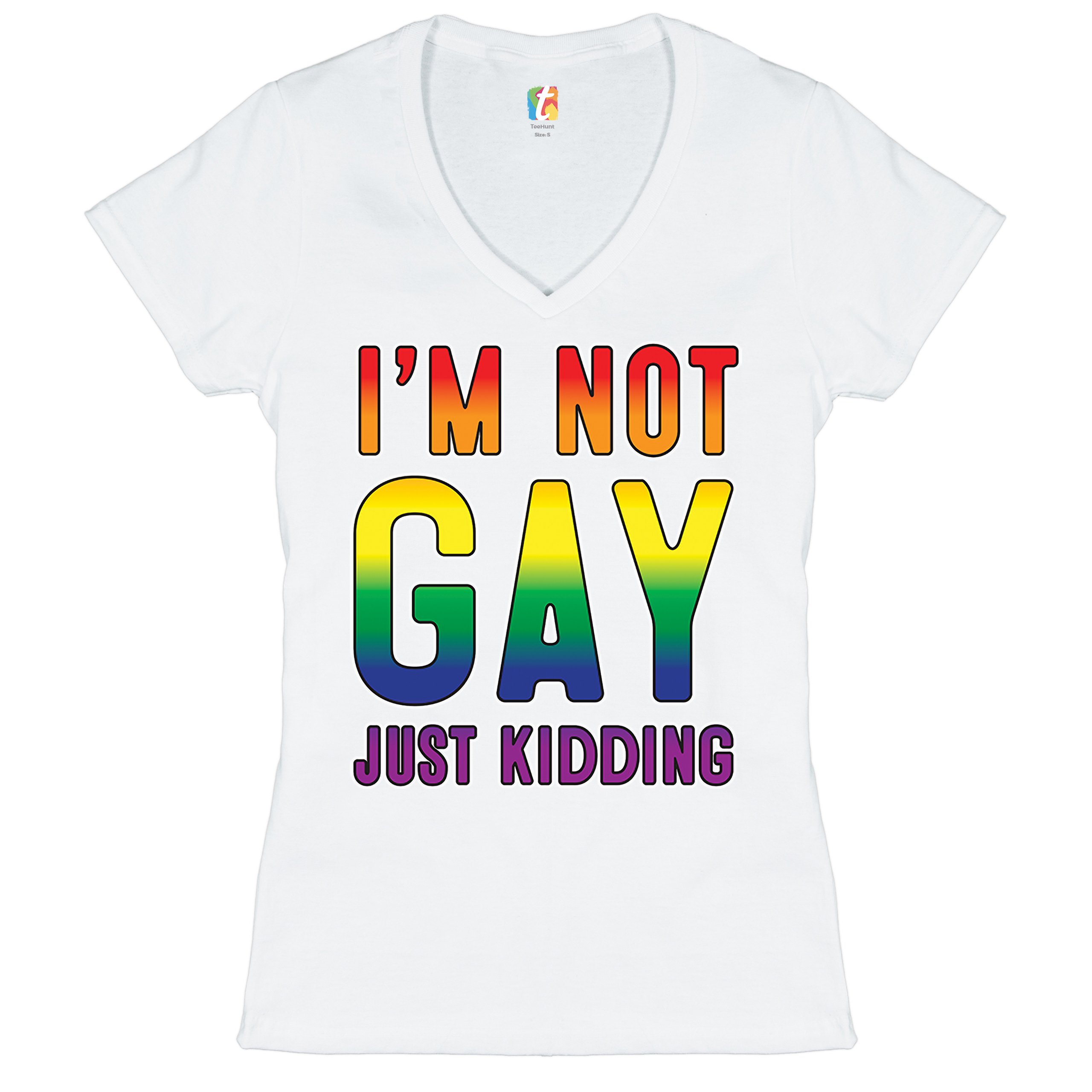 I'm Not Gay Just Kidding Women's V-Neck T-shirt Love Is Love Gay Rainbow Tee - Picture 18 of 41