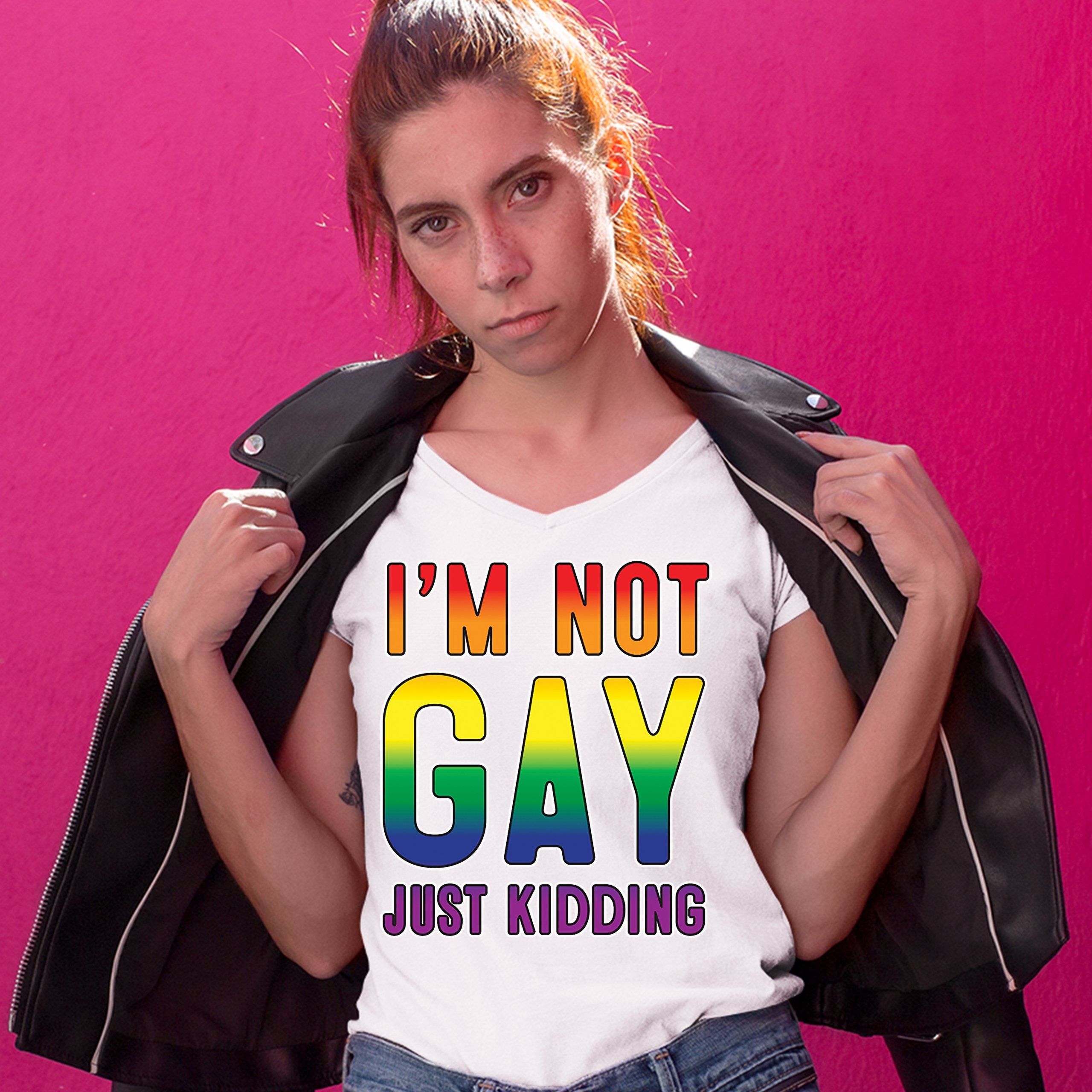 I'm Not Gay Just Kidding Women's V-Neck T-shirt Love Is Love Gay Rainbow Tee - Picture 21 of 41