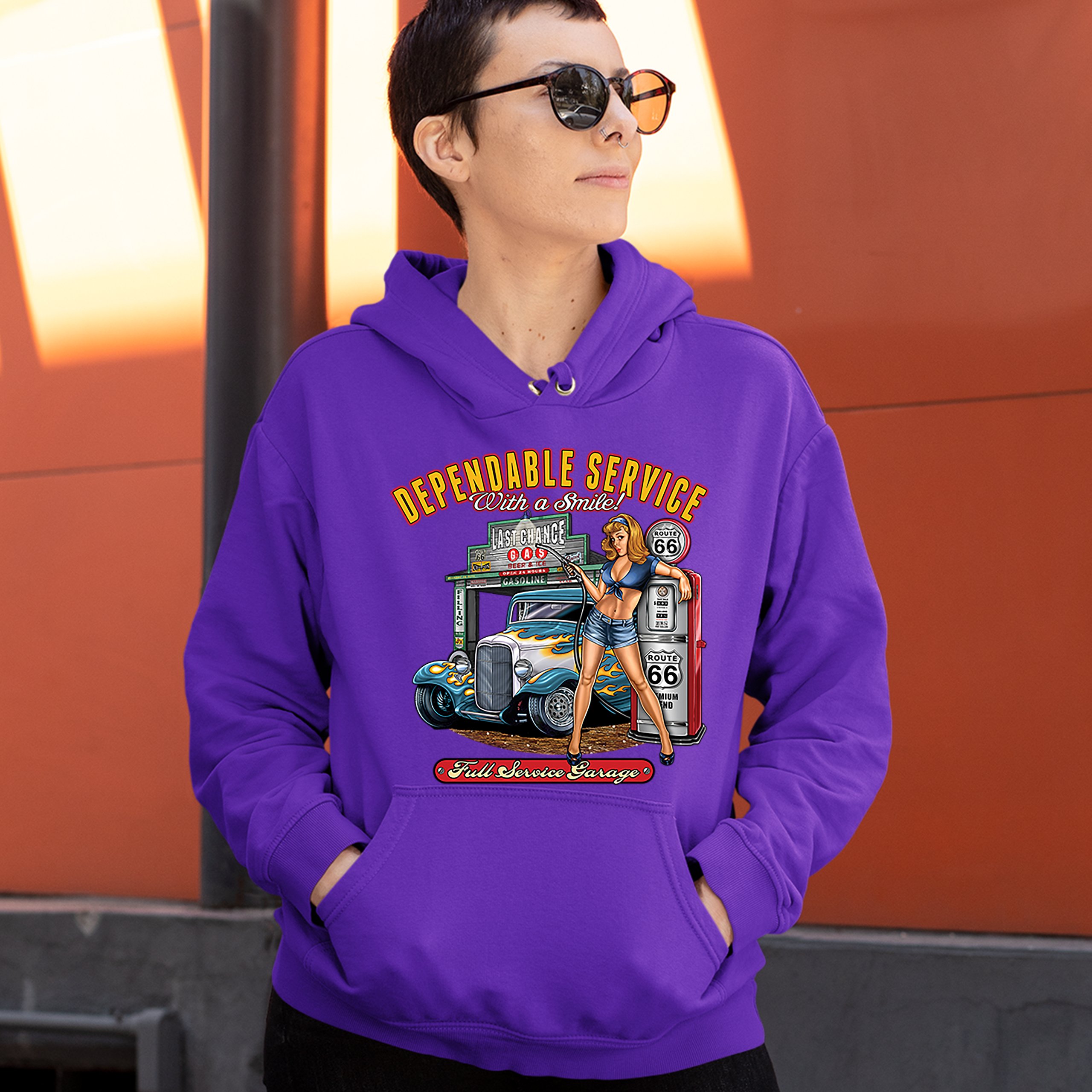 Felpa Con Cappuccio Hot Rod Garage Route 66 - Unisex, Stampa Drag Racing, Felpa In Pile, Maniche Lunghe, Taglie S-3X