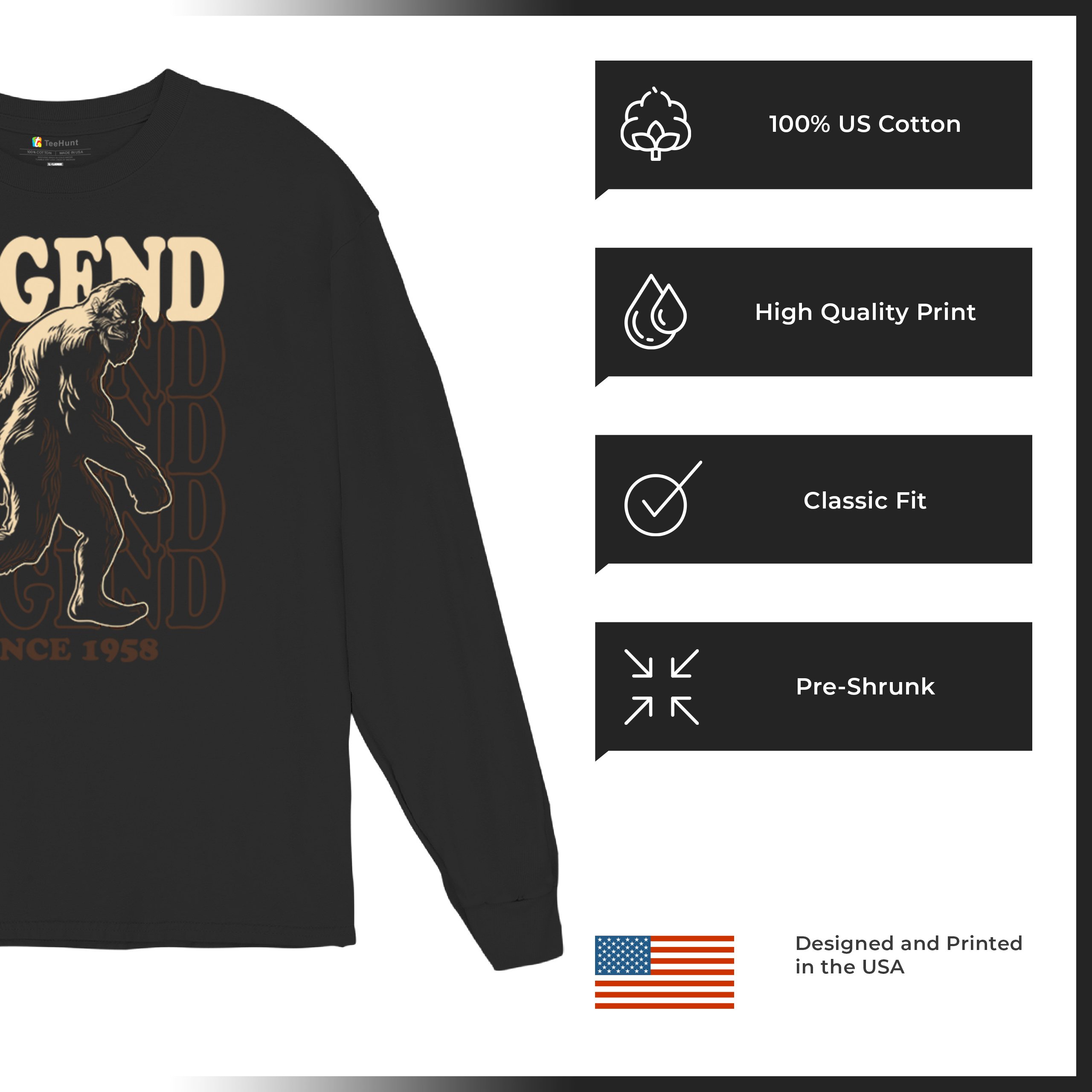 Bigfoot Legend Since 1958 Long Sleeve T-shirt Funny Vintage Classic Sasquatch - Picture 7 of 43