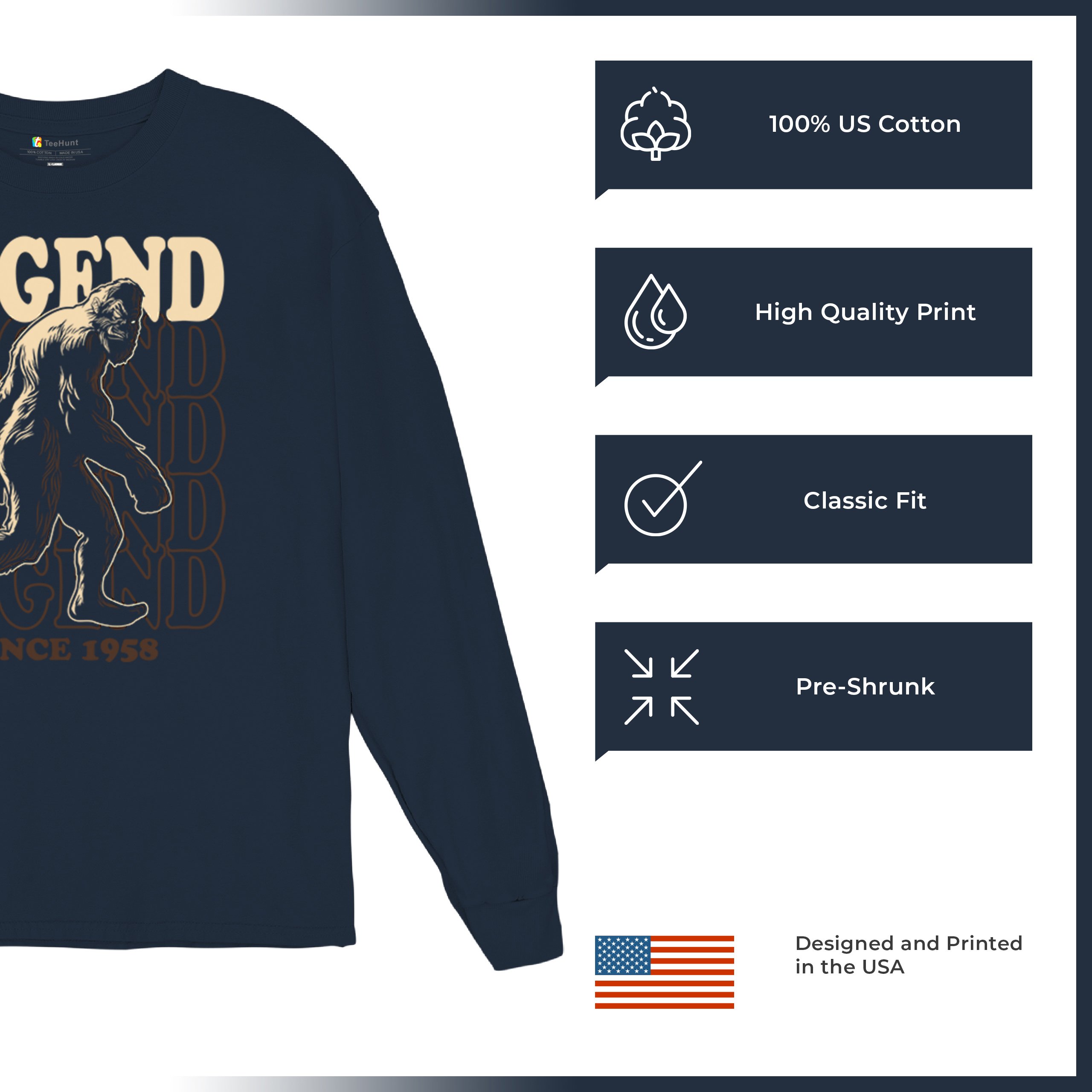 Bigfoot Legend Since 1958 Long Sleeve T-shirt Funny Vintage Classic Sasquatch - Picture 28 of 43