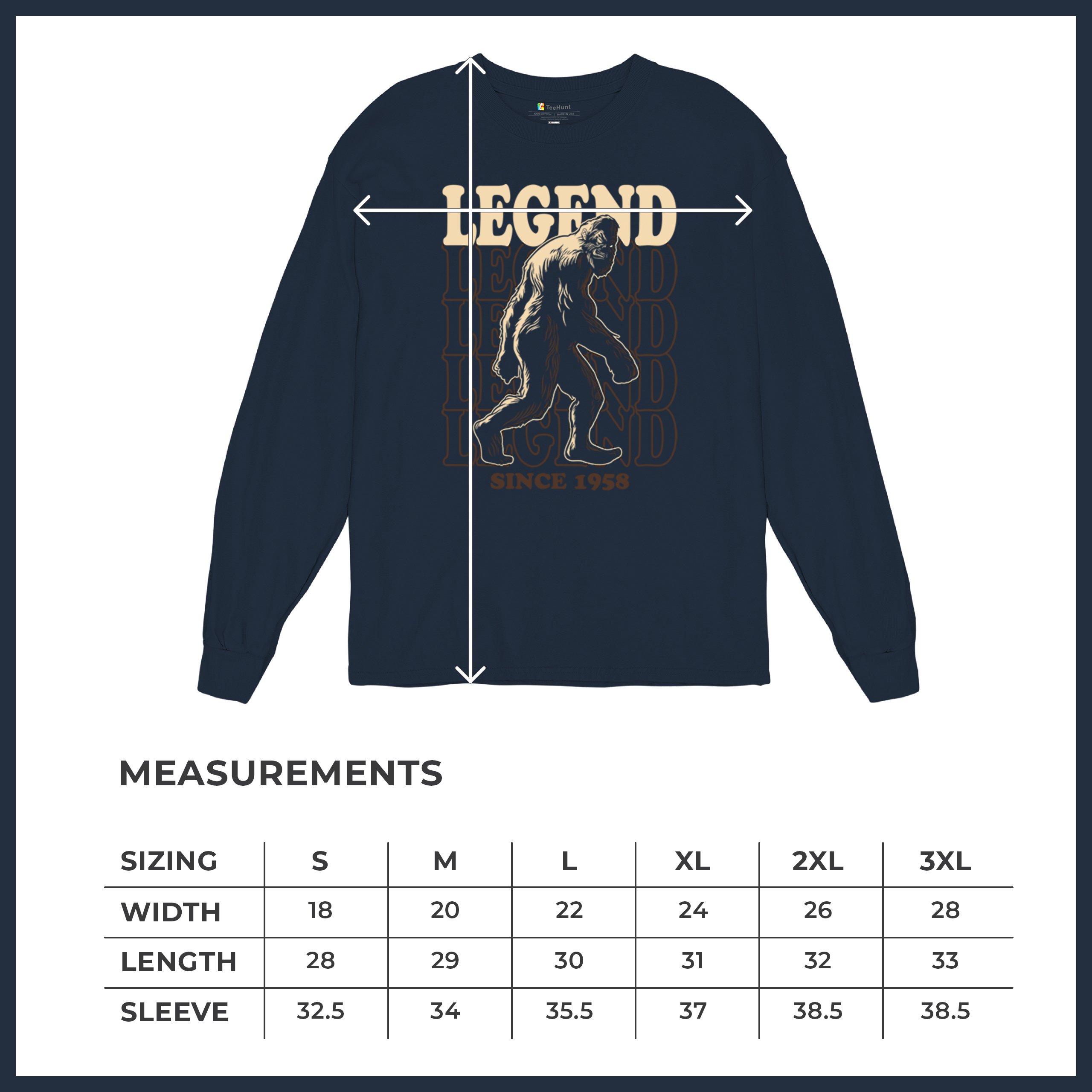 Bigfoot Legend Since 1958 Long Sleeve T-shirt Funny Vintage Classic Sasquatch - Picture 29 of 43