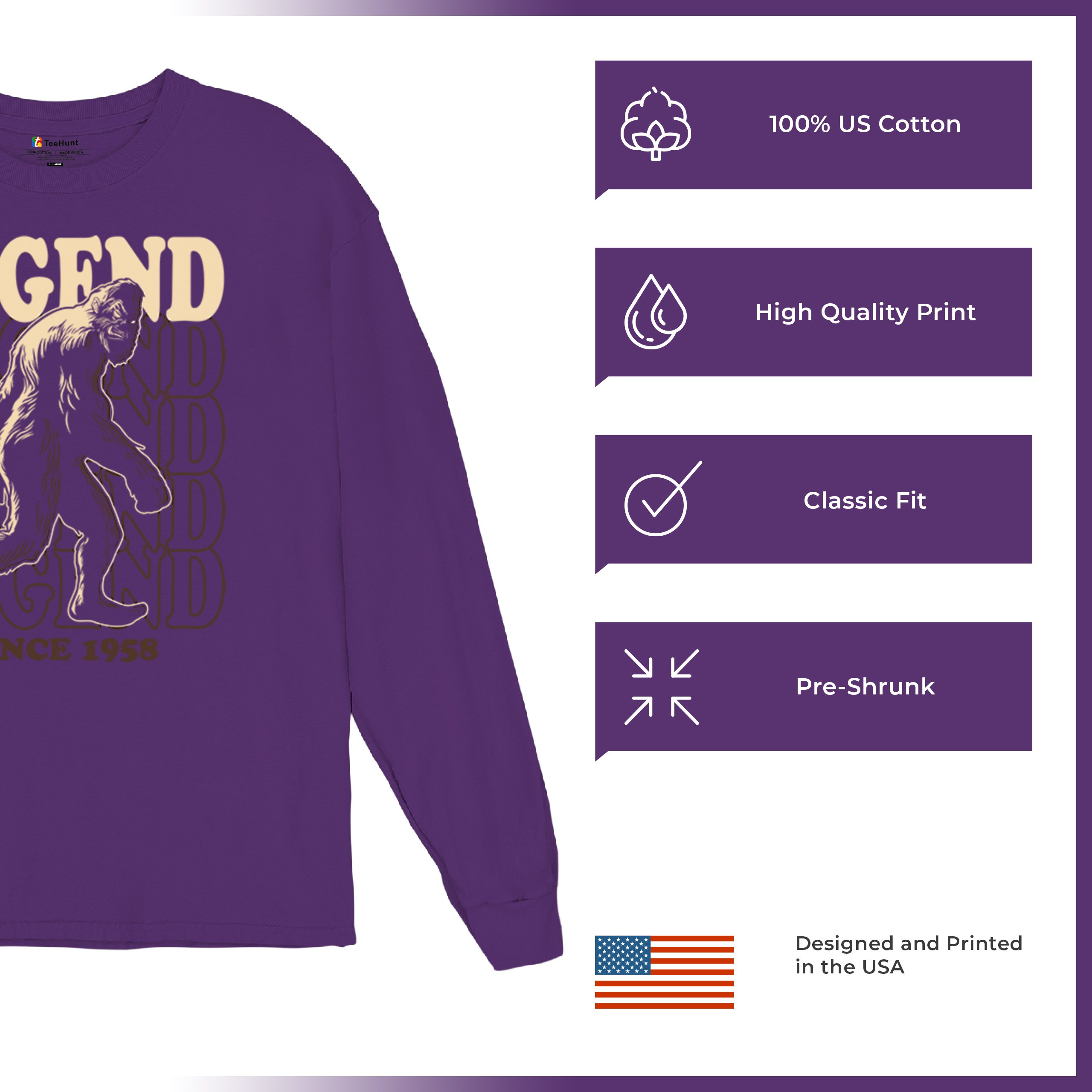 Bigfoot Legend Since 1958 Long Sleeve T-shirt Funny Vintage Classic Sasquatch - Picture 14 of 43