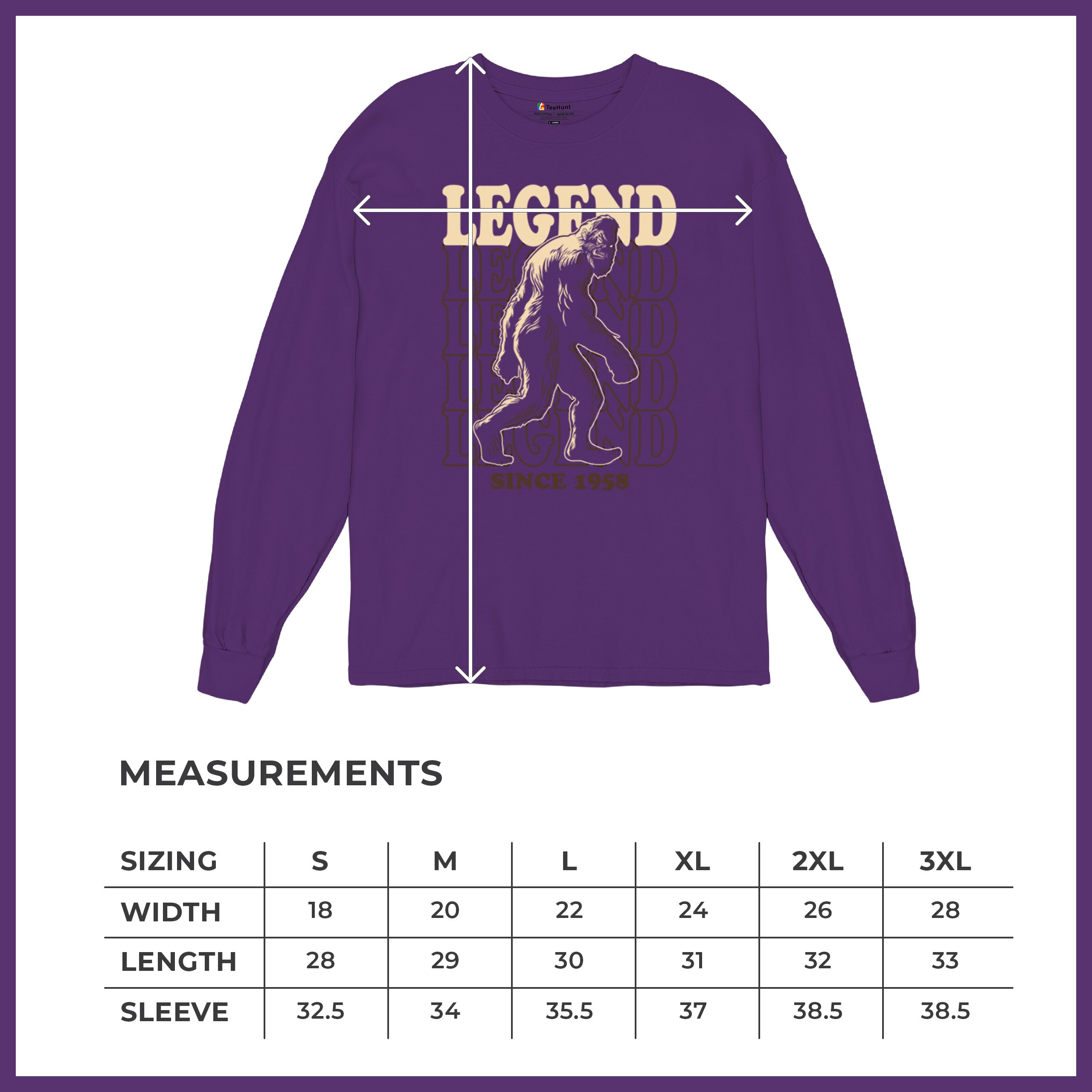 Bigfoot Legend Since 1958 Long Sleeve T-shirt Funny Vintage Classic Sasquatch - Picture 15 of 43