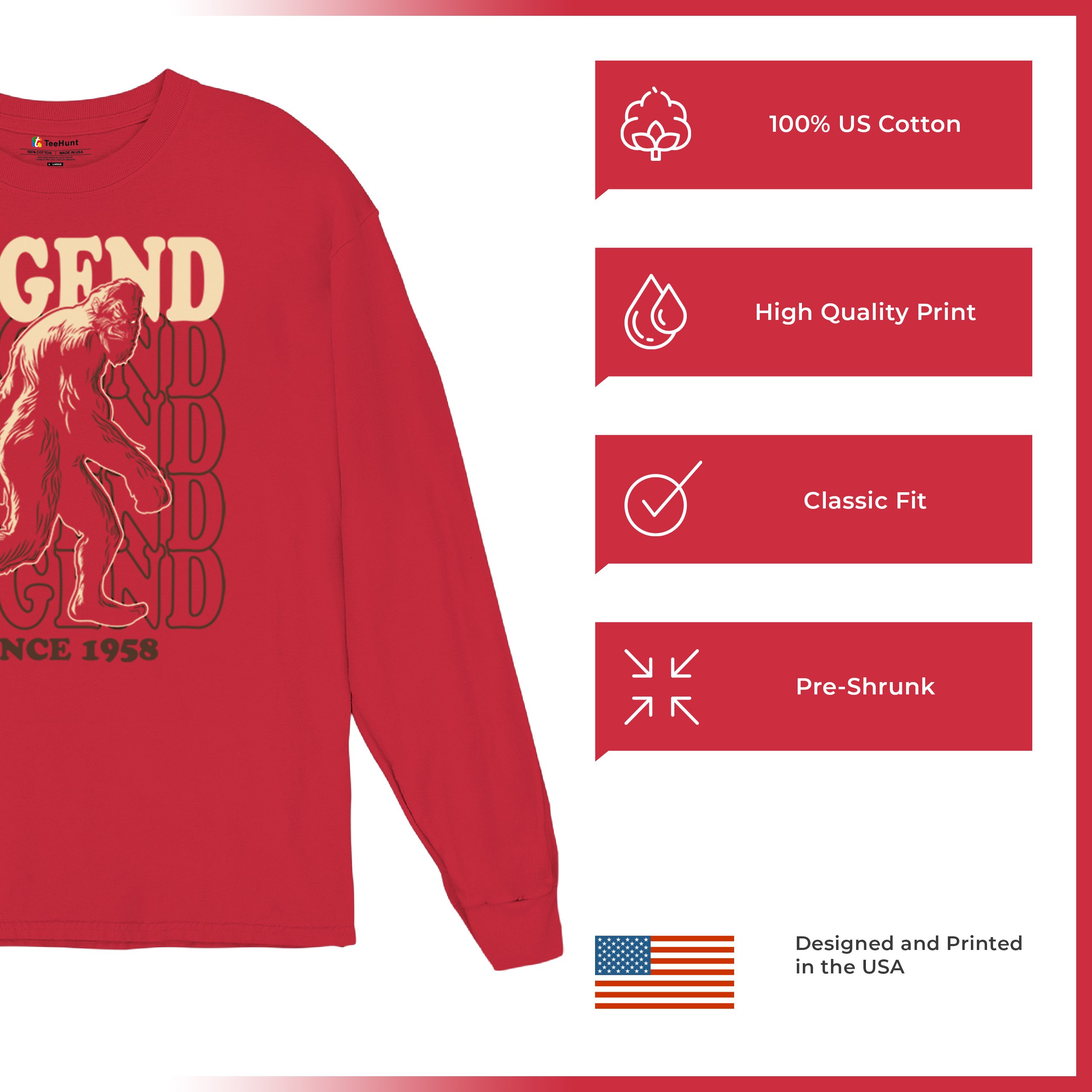 Bigfoot Legend Since 1958 Long Sleeve T-shirt Funny Vintage Classic Sasquatch - Picture 21 of 43