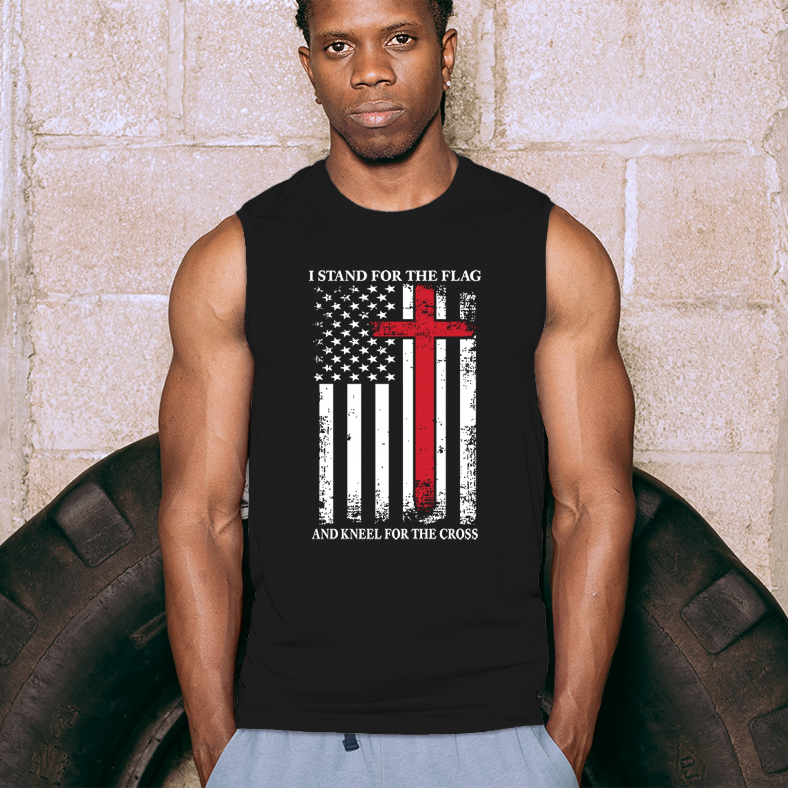 I Stand for the Flag and Kneel for the Cross Muscle Shirt Americana Men's - Picture 5 of 29