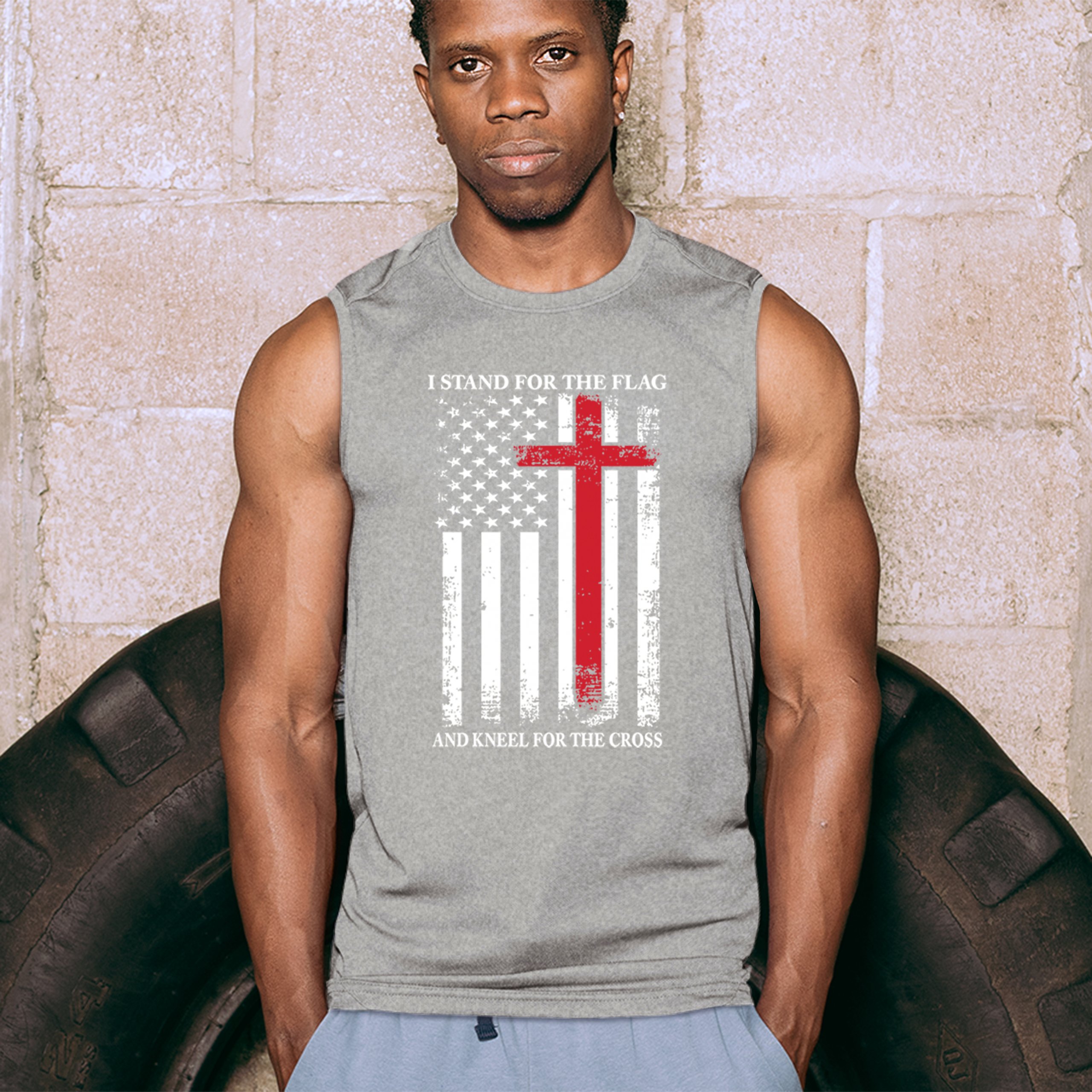 I Stand for the Flag and Kneel for the Cross Muscle Shirt Americana Men's - Picture 12 of 29