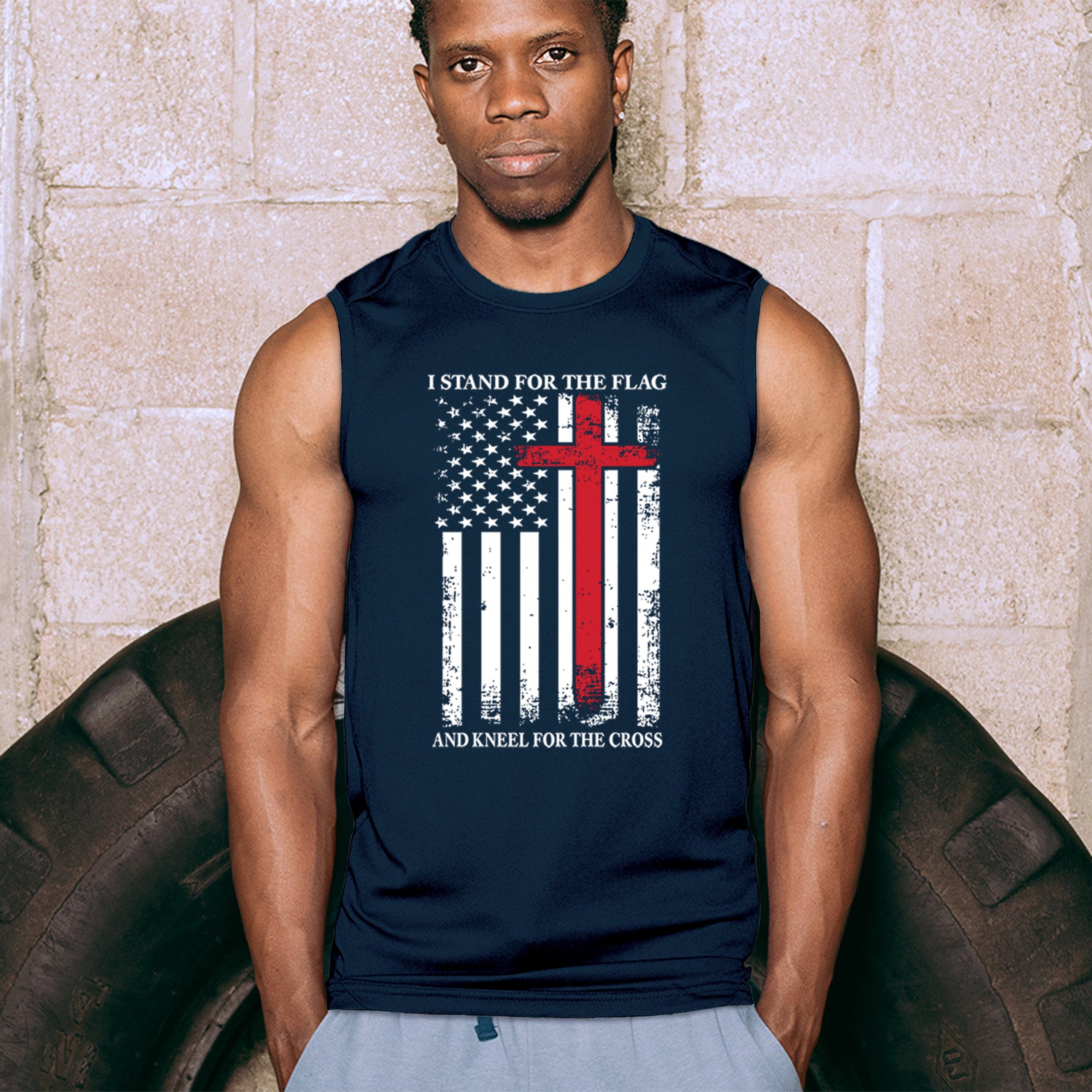 I Stand for the Flag and Kneel for the Cross Muscle Shirt Americana Men's - Picture 19 of 29